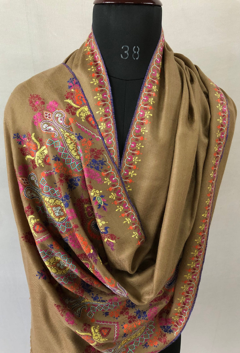 GI sozani Tigers eye brown elegant designer palla  handcrafted micro fine embroidered real cashmere pashmina stole scarf shawl - Mehraj Crafts 