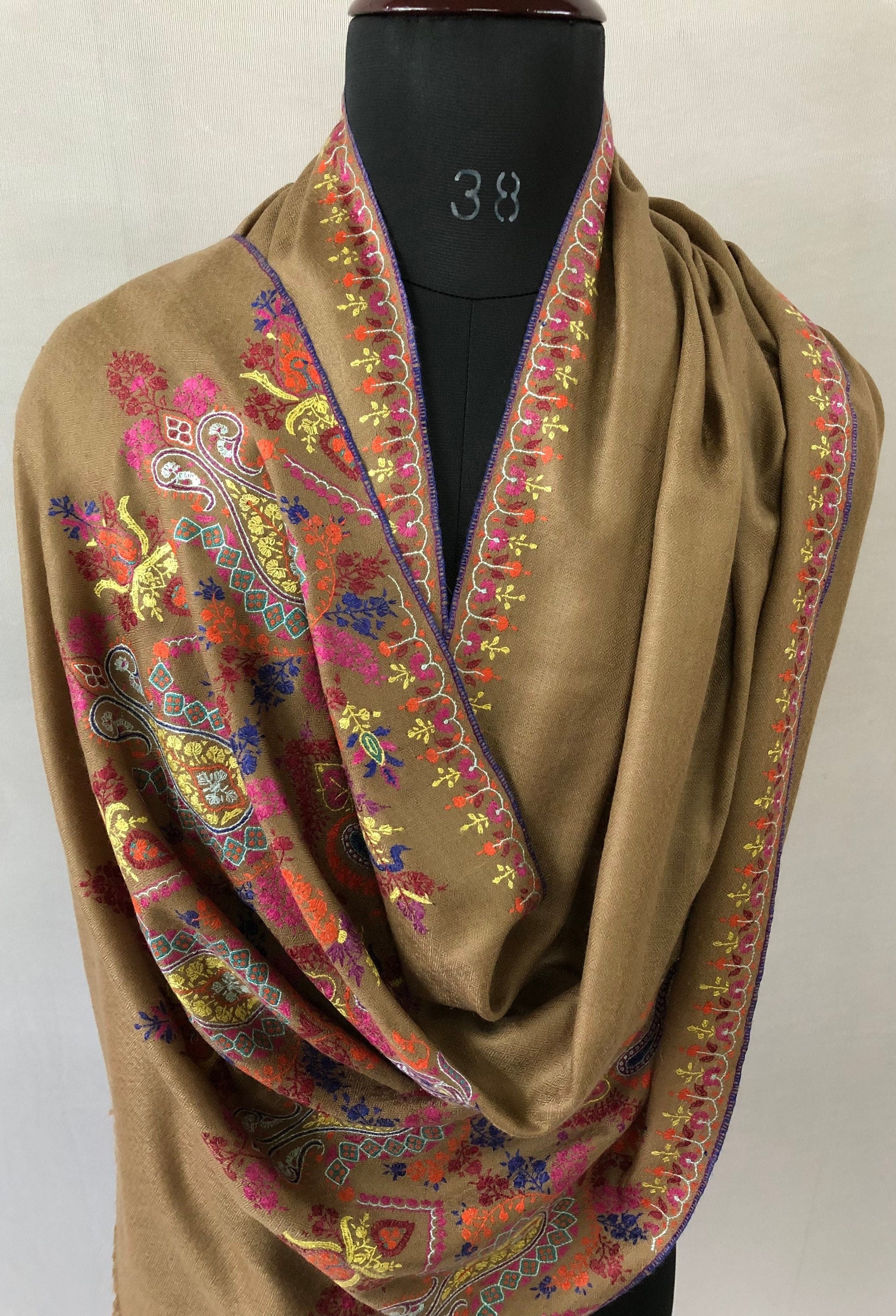 GI sozani Tigers eye brown elegant designer palla  handcrafted micro fine embroidered real cashmere pashmina stole scarf shawl - Mehraj Crafts 