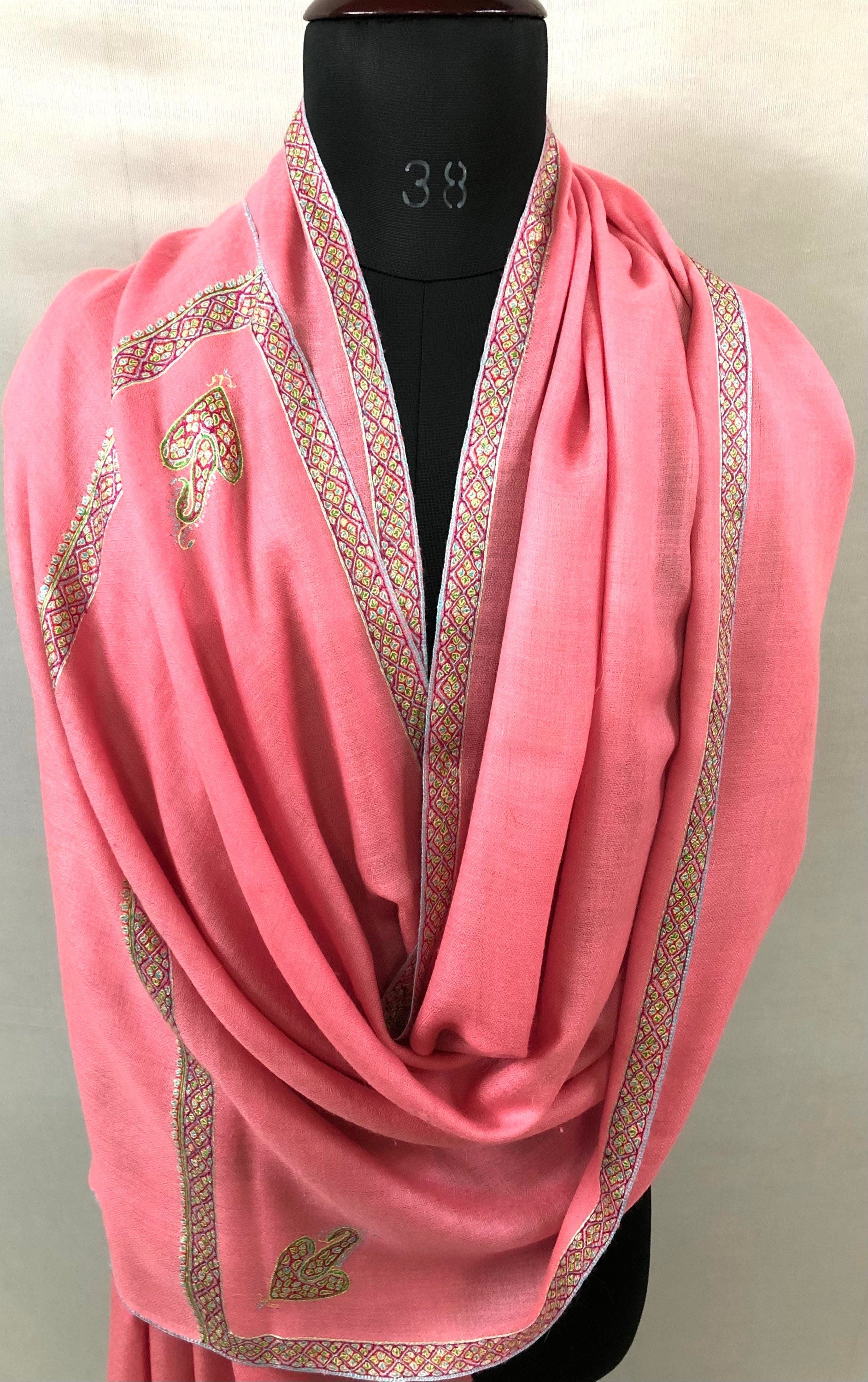 Cashmere Strawberry Pink Sozni Hand Embroidered Border Handwoven Real Cashmere Pashmina Stole Scarf Shawl - Mehraj Crafts 