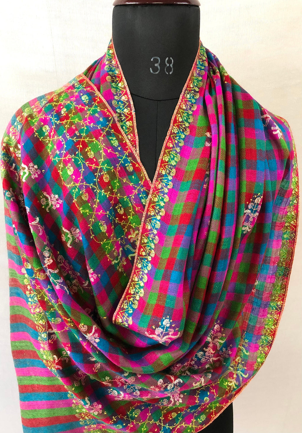 Handwoven colourful mini check modern design super micro fine hand embroidered real cashmere pashmina stole shawl - Mehraj Crafts 