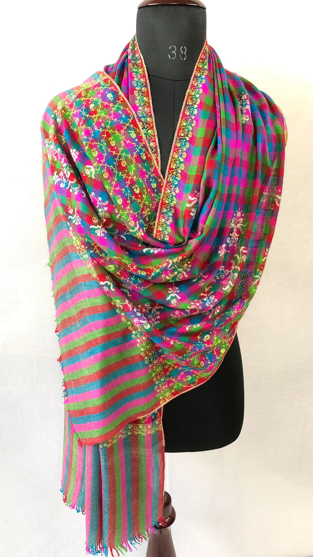 Handwoven colourful mini check modern design super micro fine hand embroidered real cashmere pashmina stole shawl - Mehraj Crafts 
