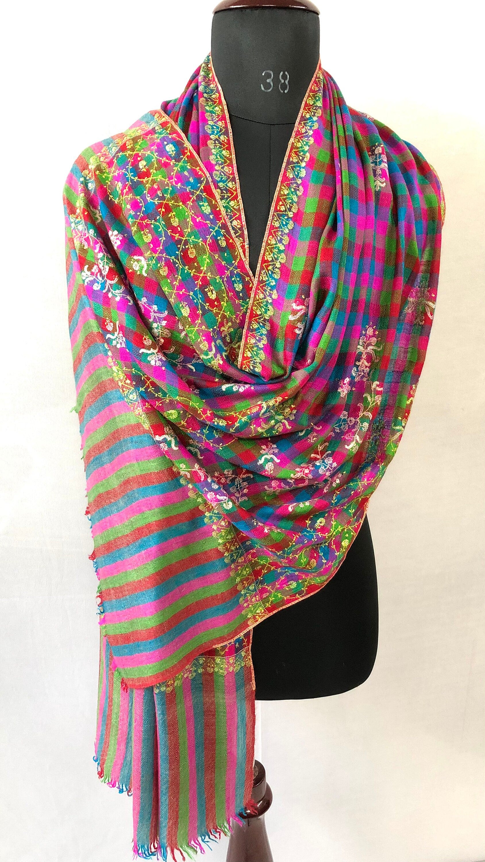 Handwoven colourful mini check modern design super micro fine hand embroidered real cashmere pashmina stole shawl - Mehraj Crafts 