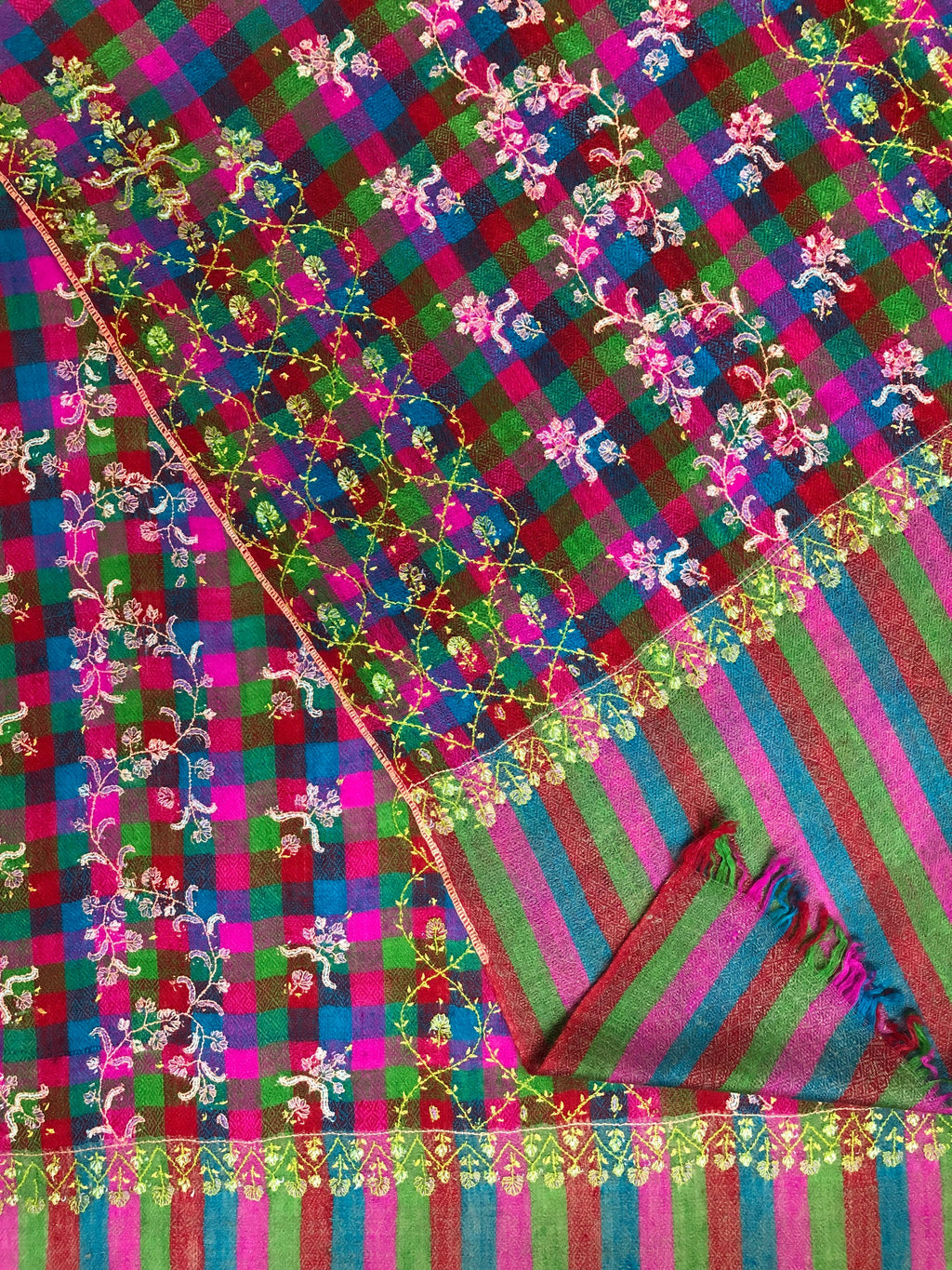 Handwoven colourful mini check modern design super micro fine hand embroidered real cashmere pashmina stole shawl - Mehraj Crafts 
