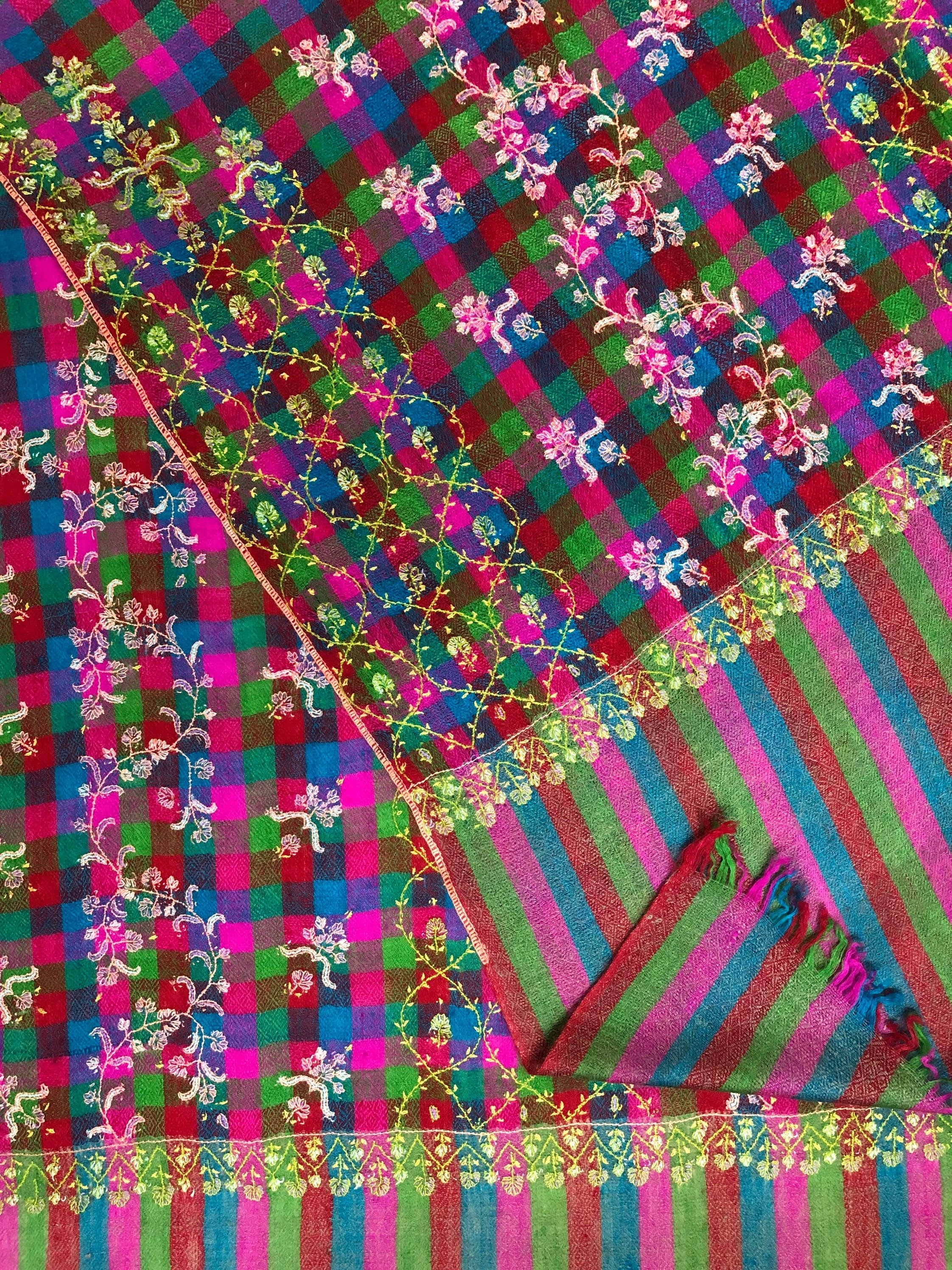 Handwoven colourful mini check modern design super micro fine hand embroidered real cashmere pashmina stole shawl - Mehraj Crafts 