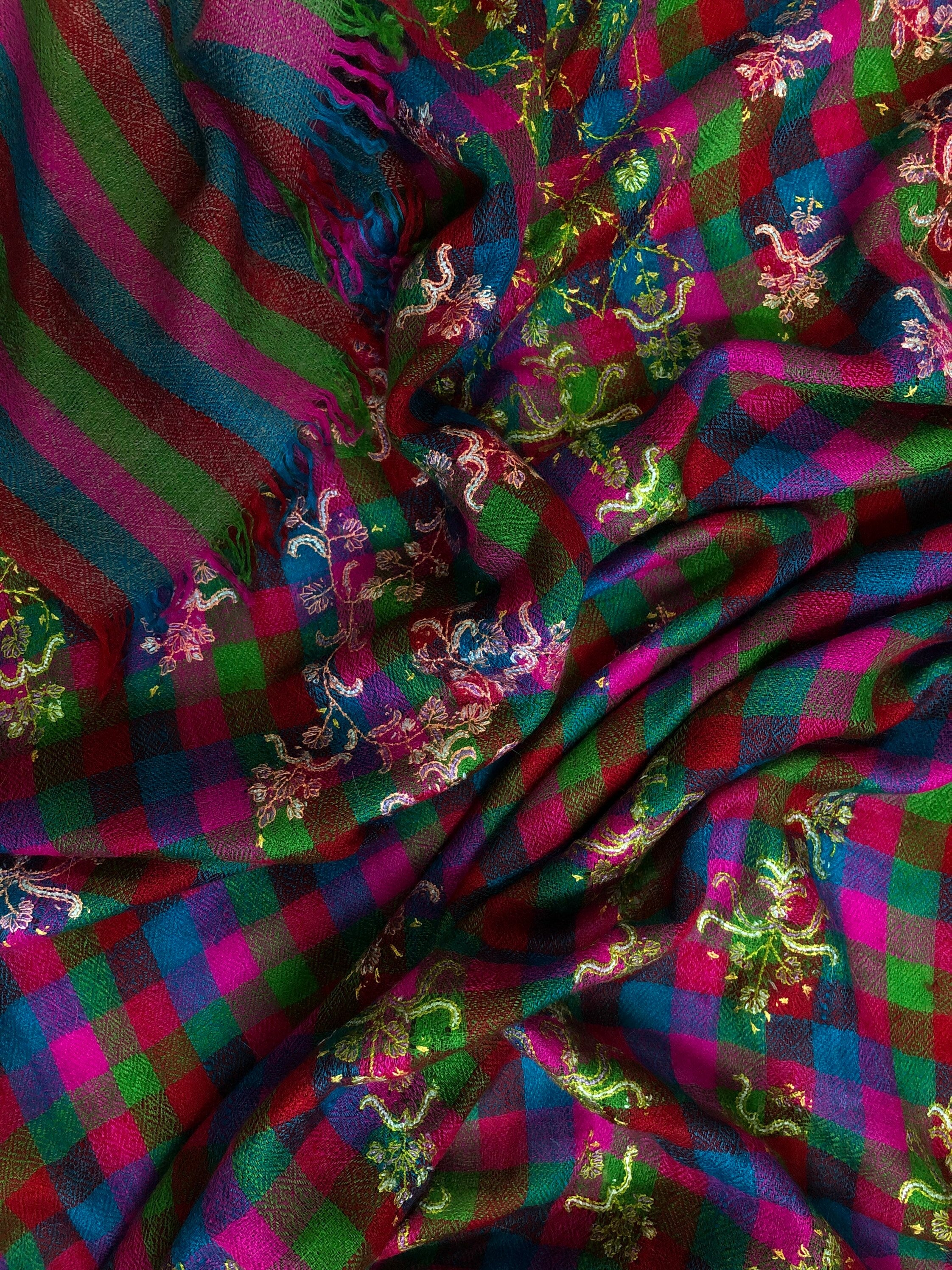 Handwoven colourful mini check modern design super micro fine hand embroidered real cashmere pashmina stole shawl - Mehraj Crafts 