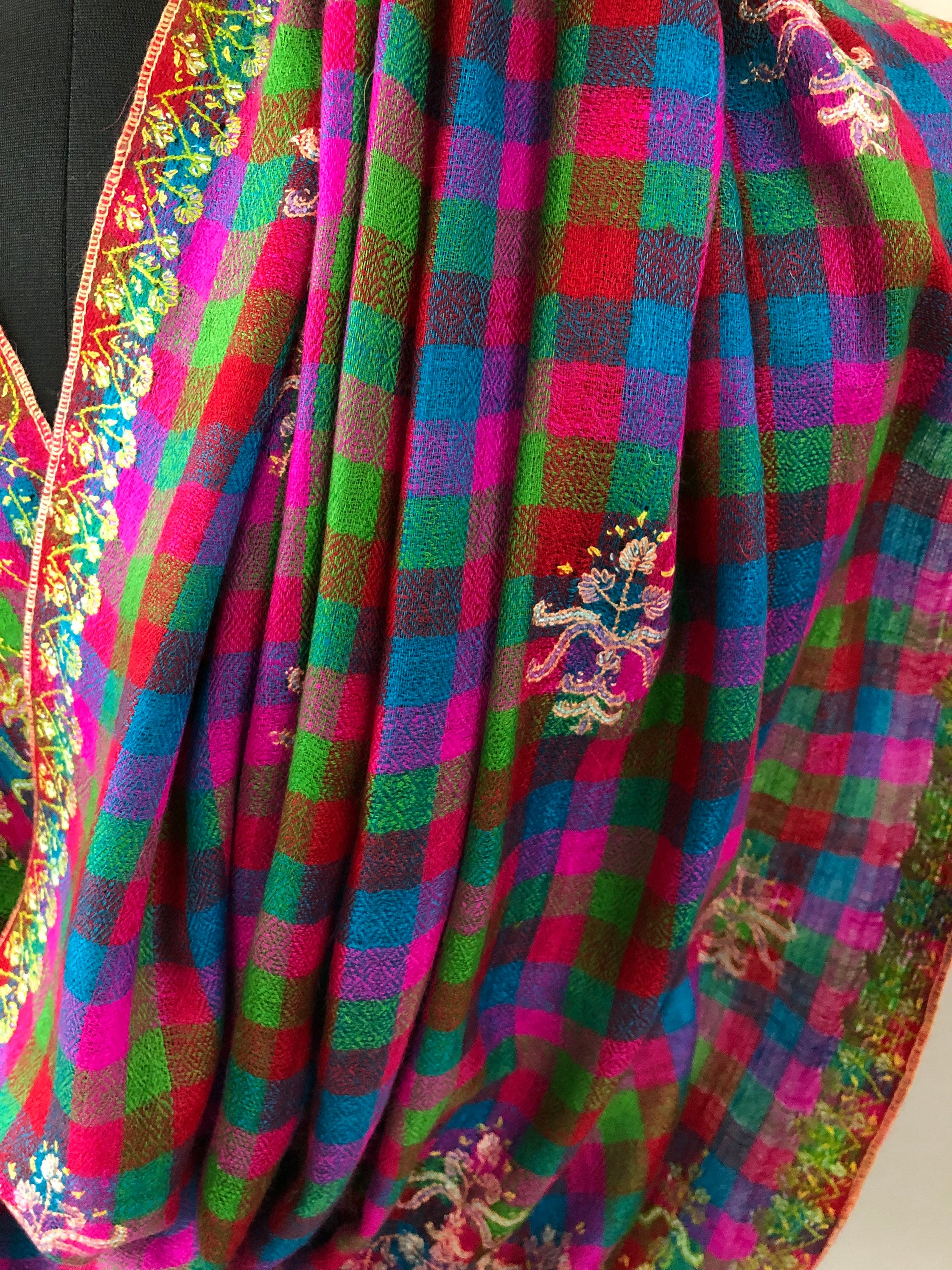 Handwoven colourful mini check modern design super micro fine hand embroidered real cashmere pashmina stole shawl - Mehraj Crafts 
