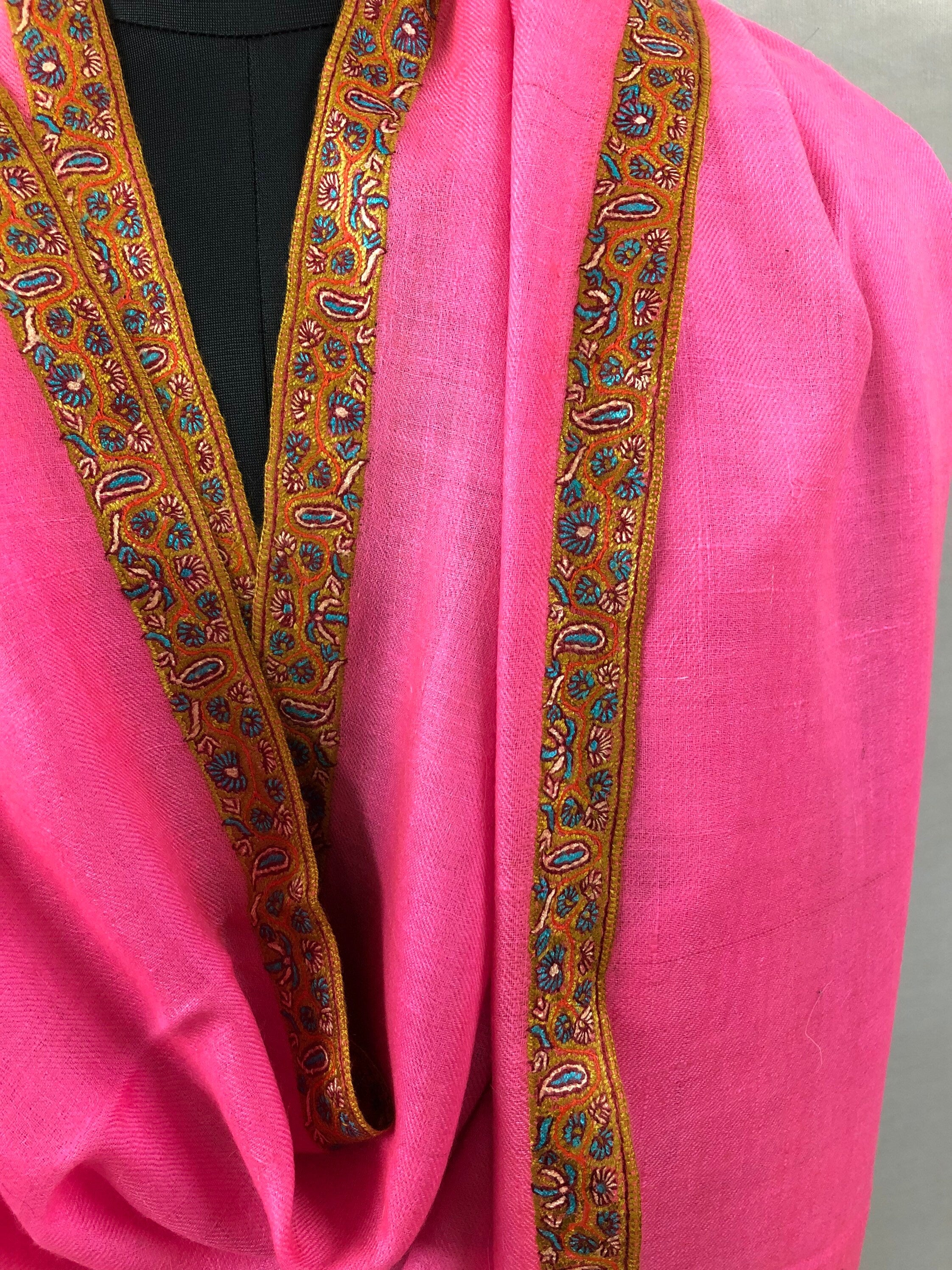 Pashmina Halloween Hot pink sozni super fine hand embroidered border real ladakhi handmade cashmere pashmina shawl - Mehraj Crafts 