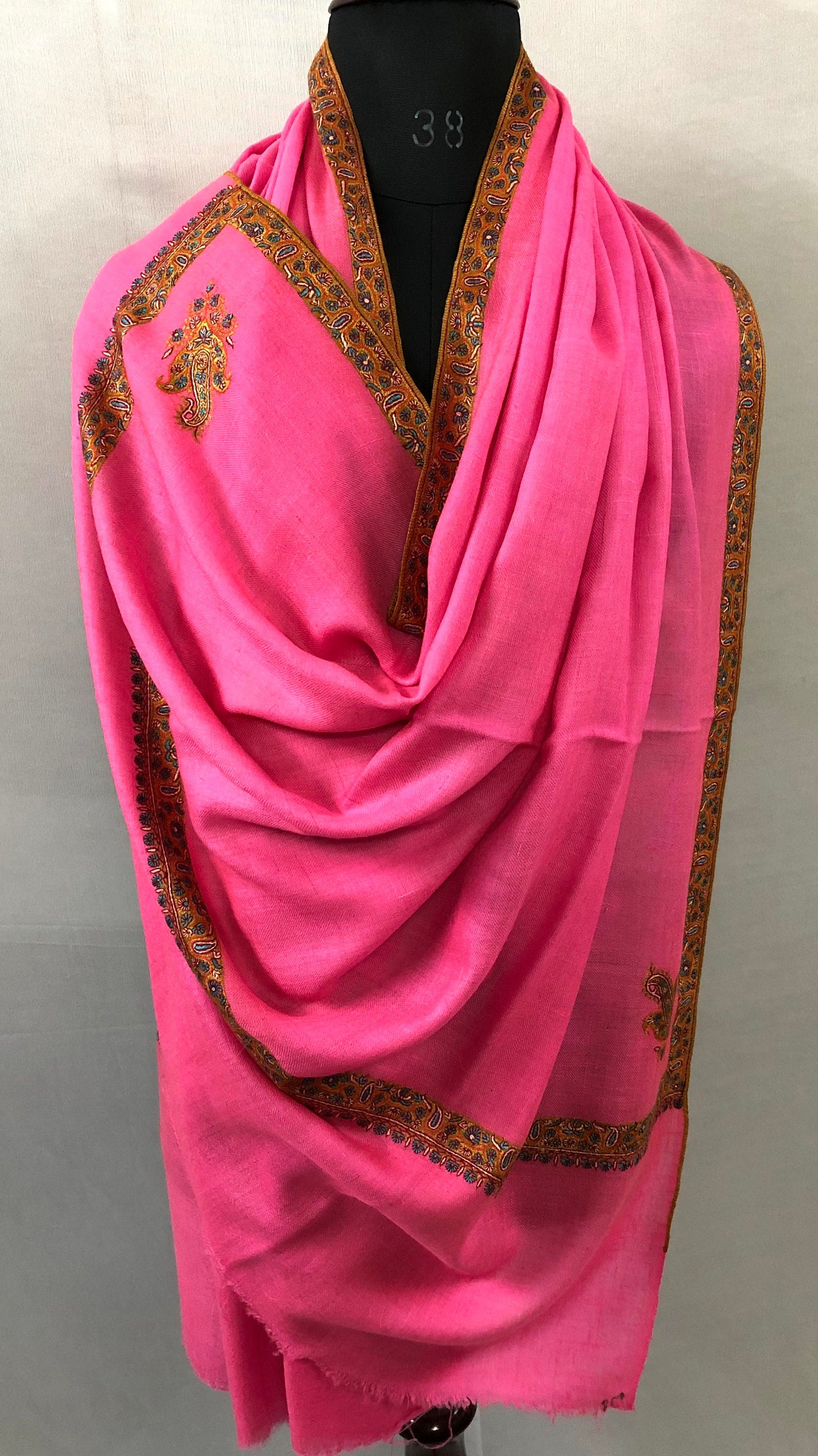 Pashmina Halloween Hot pink sozni super fine hand embroidered border real ladakhi handmade cashmere pashmina shawl - Mehraj Crafts 