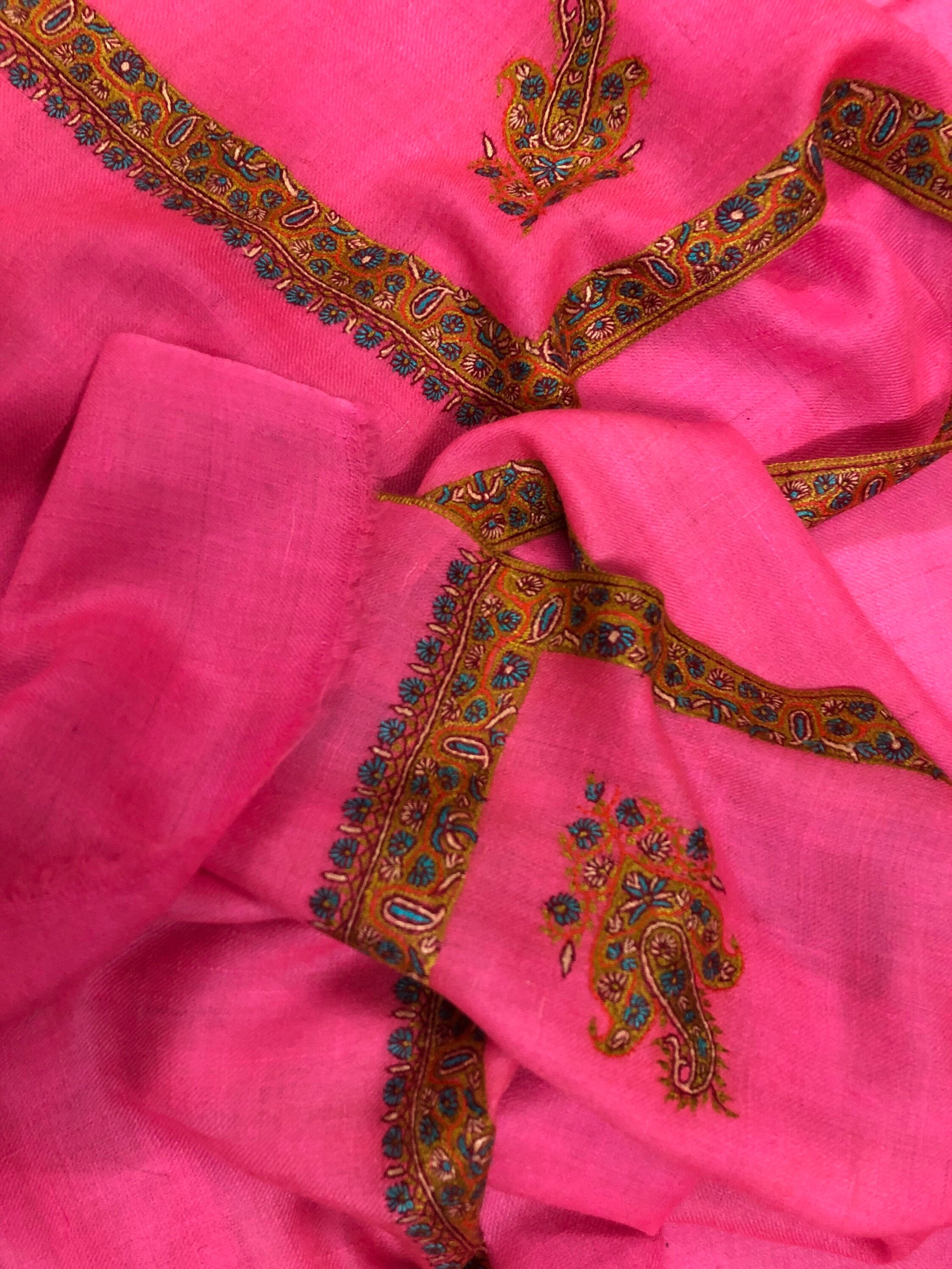 Pashmina Halloween Hot pink sozni super fine hand embroidered border real ladakhi handmade cashmere pashmina shawl - Mehraj Crafts 