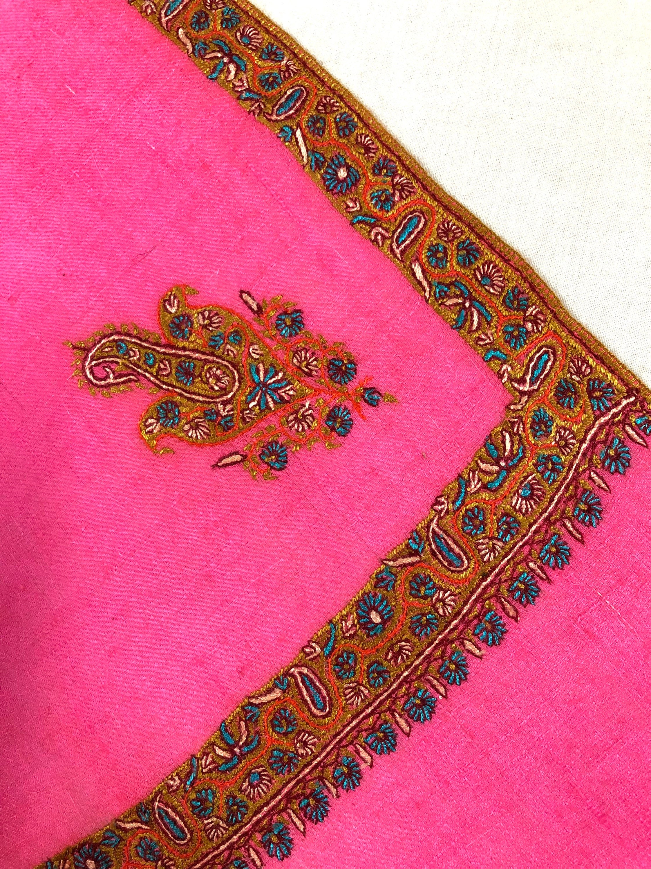 Pashmina Halloween Hot pink sozni super fine hand embroidered border real ladakhi handmade cashmere pashmina shawl - Mehraj Crafts 