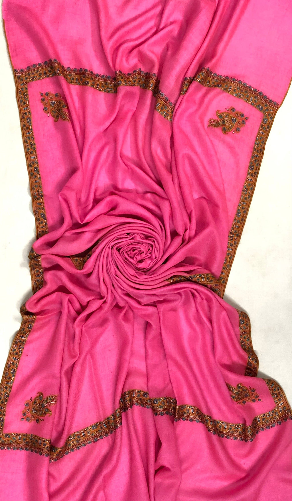 Pashmina Halloween Hot pink sozni super fine hand embroidered border real ladakhi handmade cashmere pashmina shawl - Mehraj Crafts 
