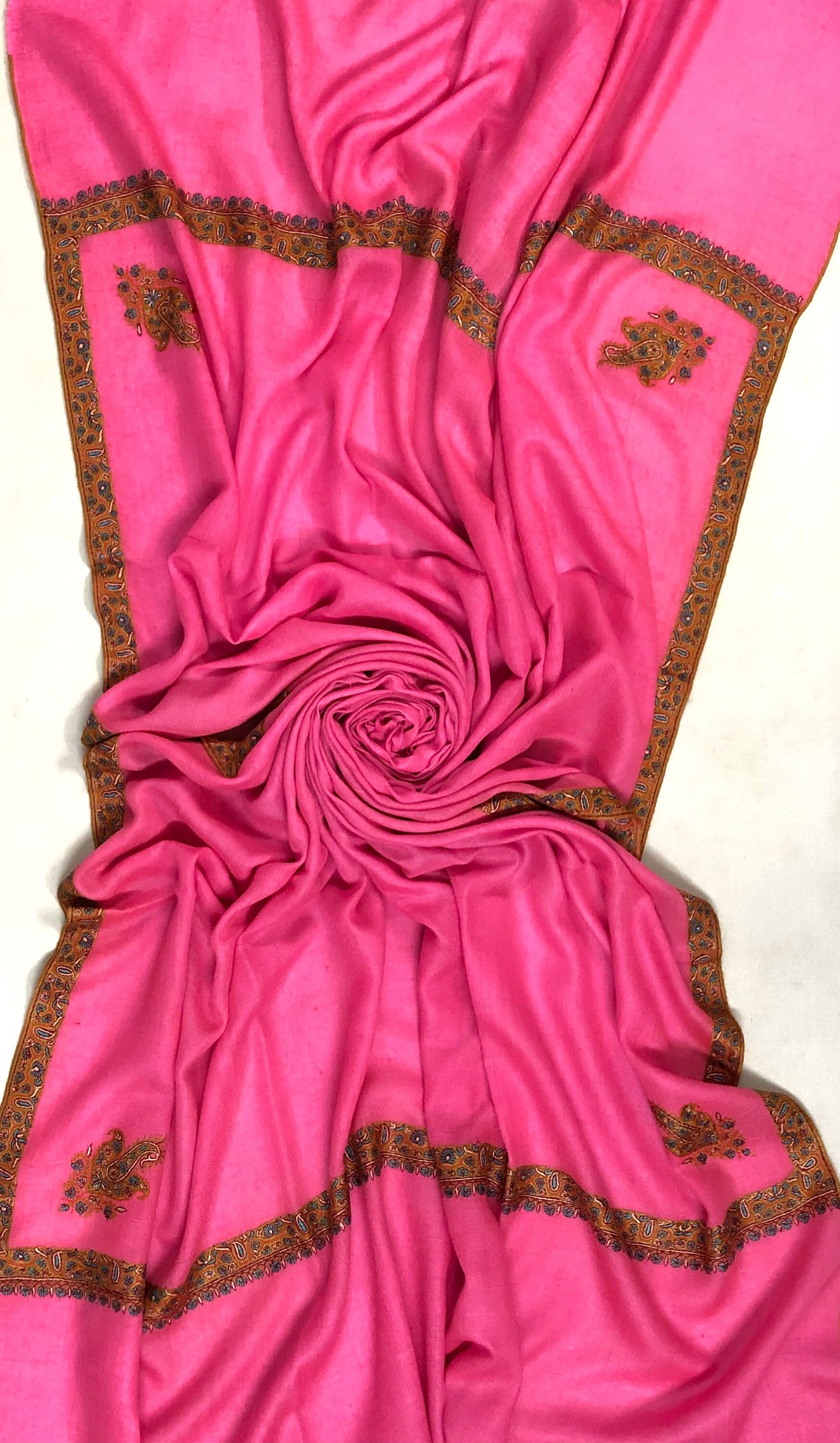 Pashmina Halloween Hot pink sozni super fine hand embroidered border real ladakhi handmade cashmere pashmina shawl - Mehraj Crafts 