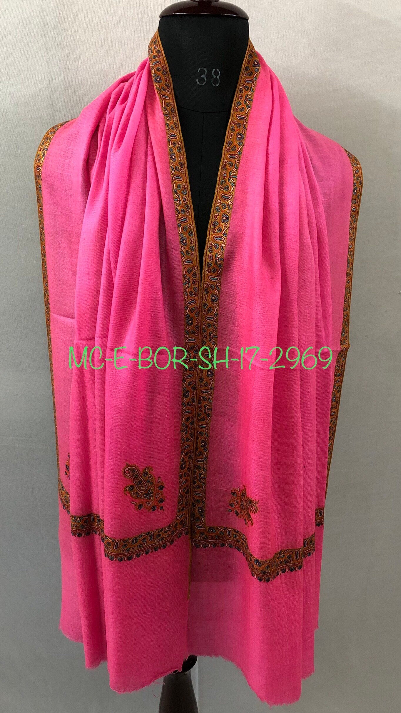 Pashmina Halloween Hot pink sozni super fine hand embroidered border real ladakhi handmade cashmere pashmina shawl - Mehraj Crafts 