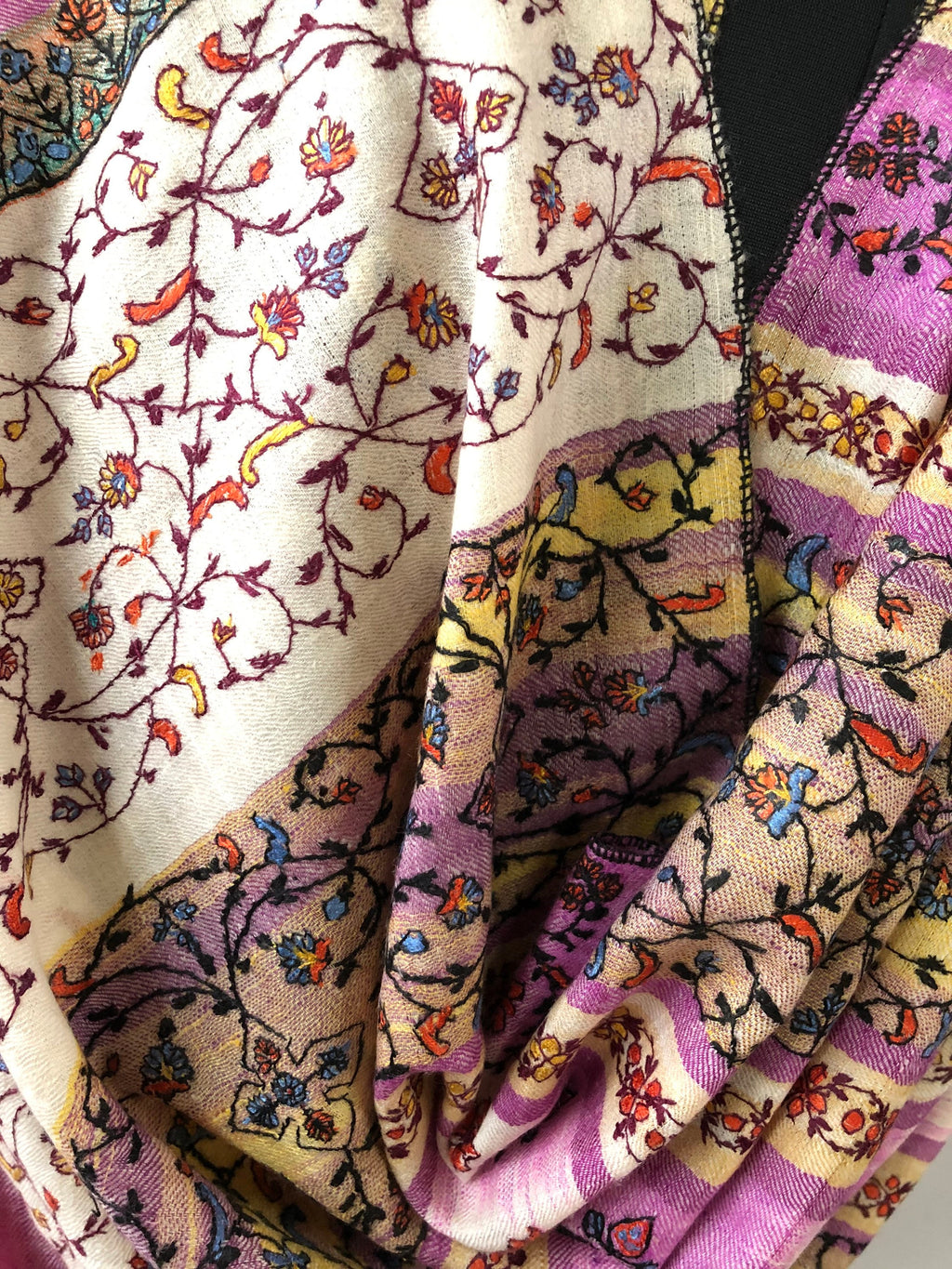 Pashmina Halloween Striking purple handwoven ikkat weave modern design hand embroidered real cashmere pashmina stole shawl - Mehraj Crafts 