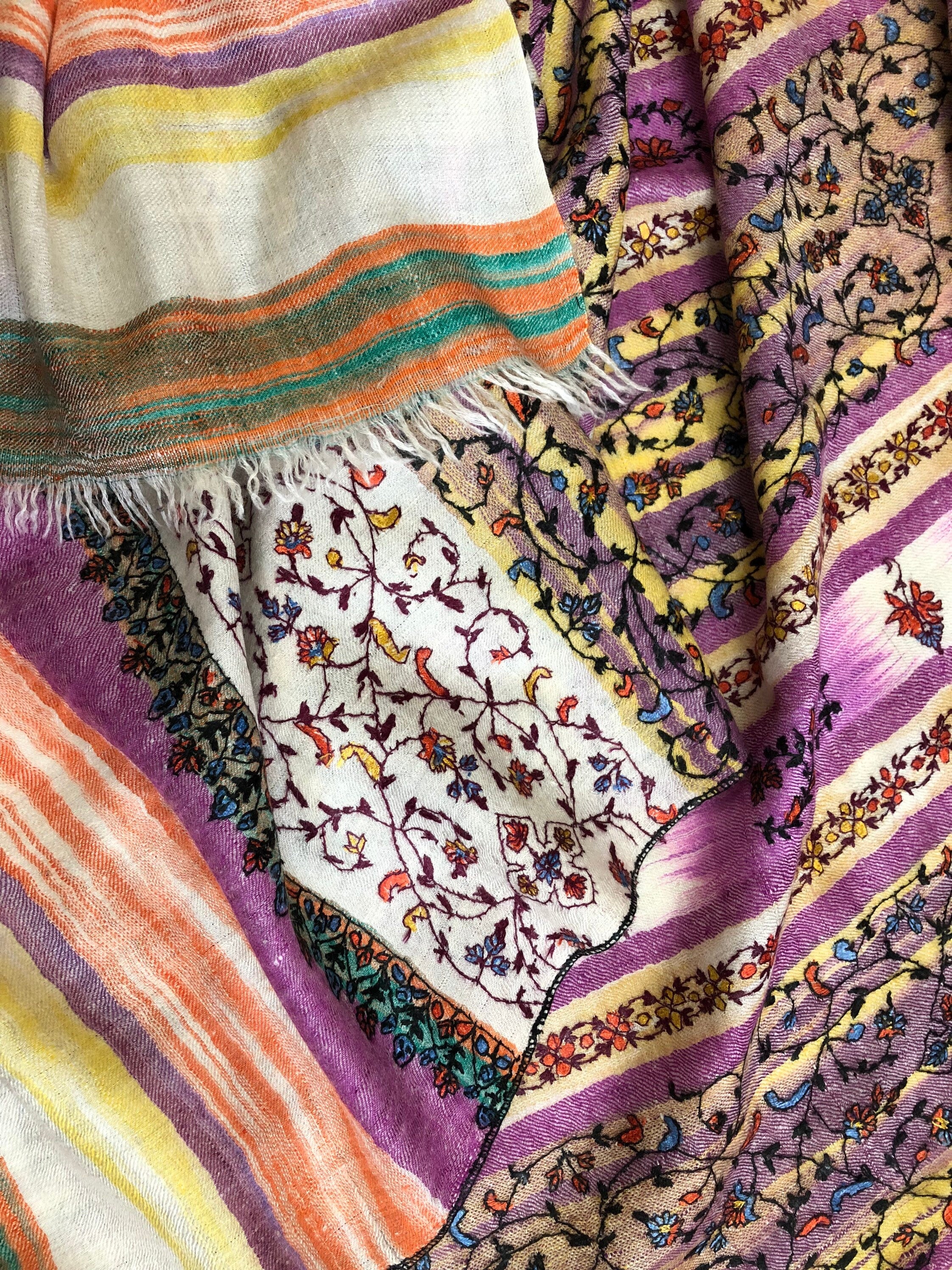 Pashmina Halloween Striking purple handwoven ikkat weave modern design hand embroidered real cashmere pashmina stole shawl - Mehraj Crafts 