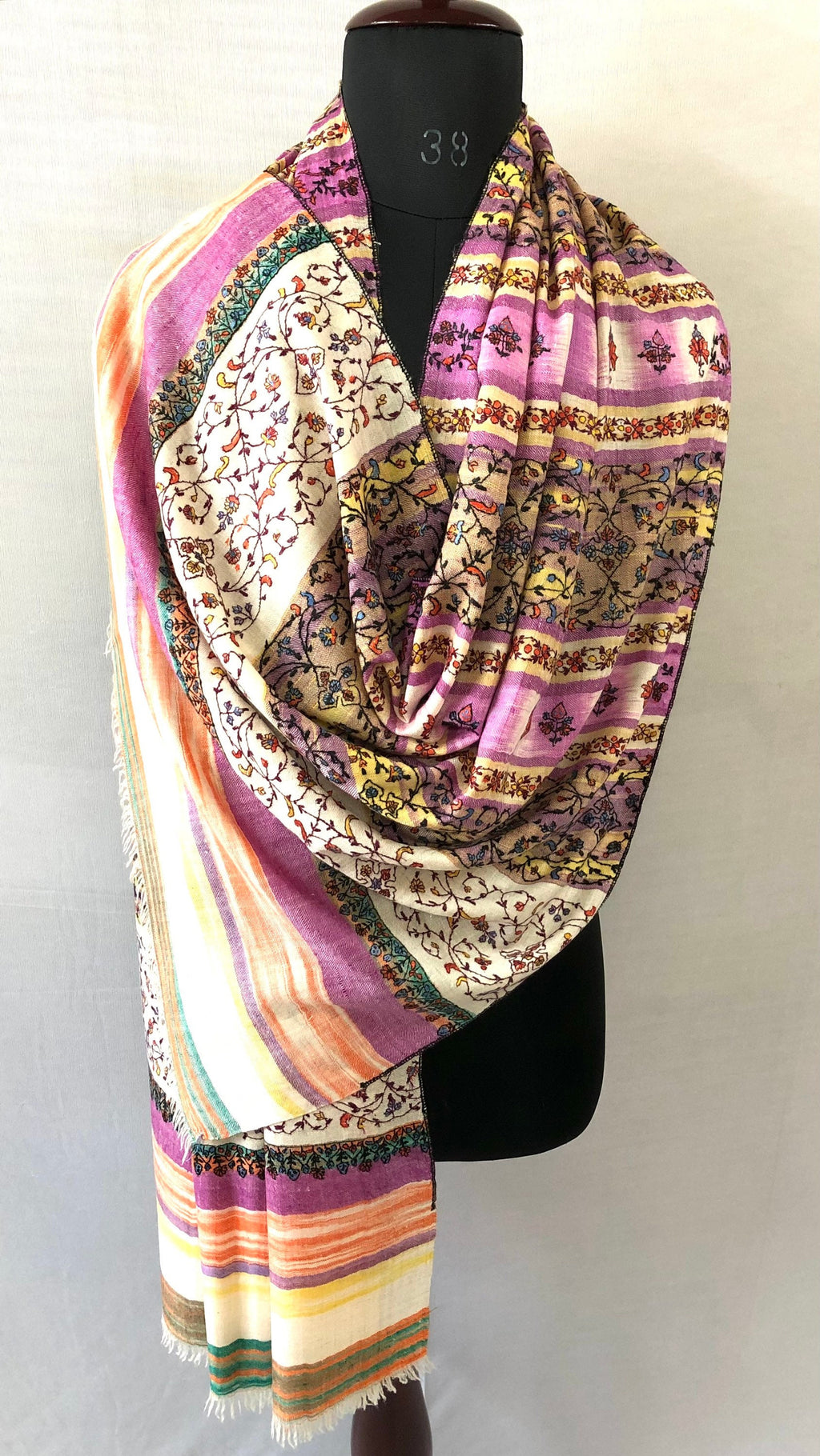 Pashmina Halloween Striking purple handwoven ikkat weave modern design hand embroidered real cashmere pashmina stole shawl - Mehraj Crafts 