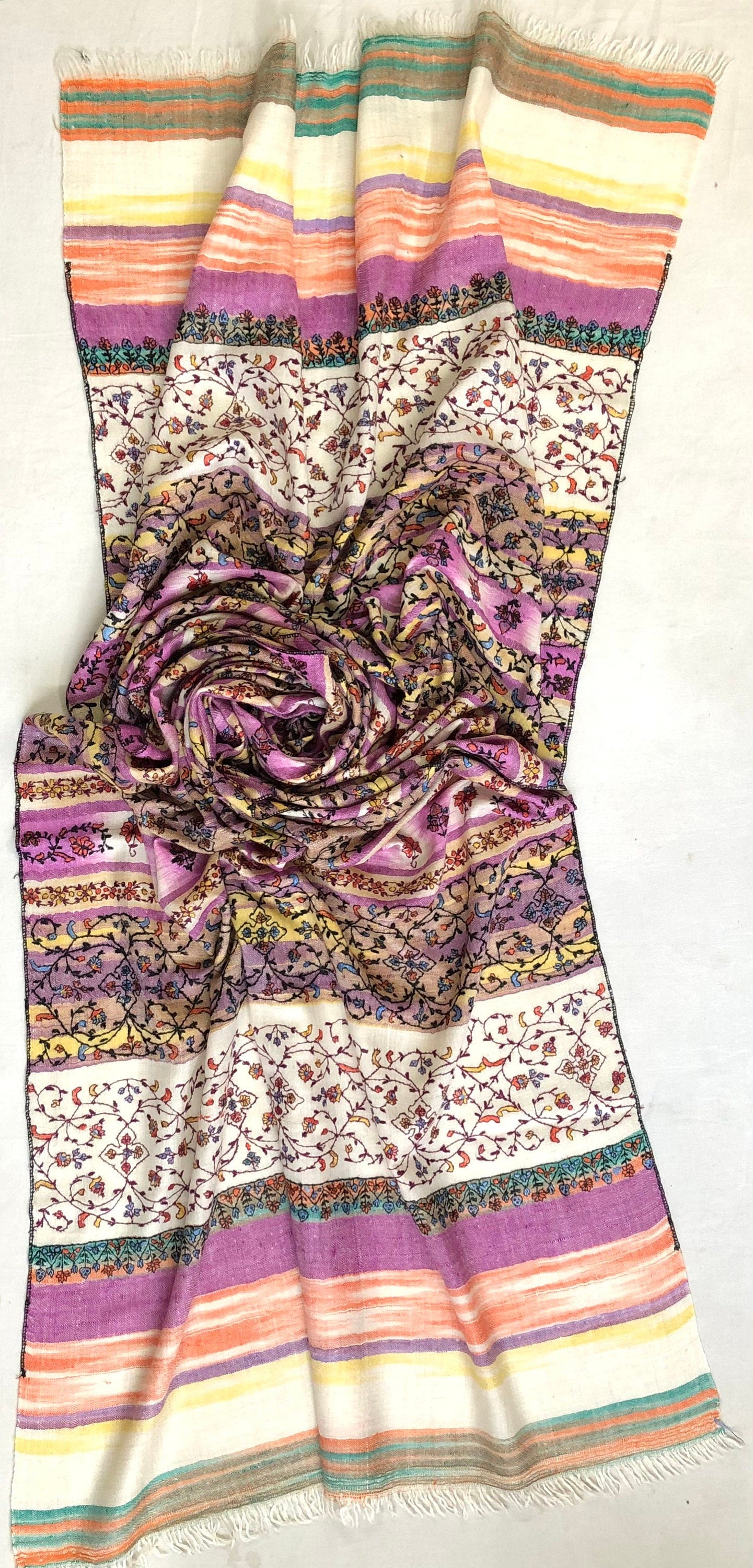 Pashmina Halloween Striking purple handwoven ikkat weave modern design hand embroidered real cashmere pashmina stole shawl - Mehraj Crafts 