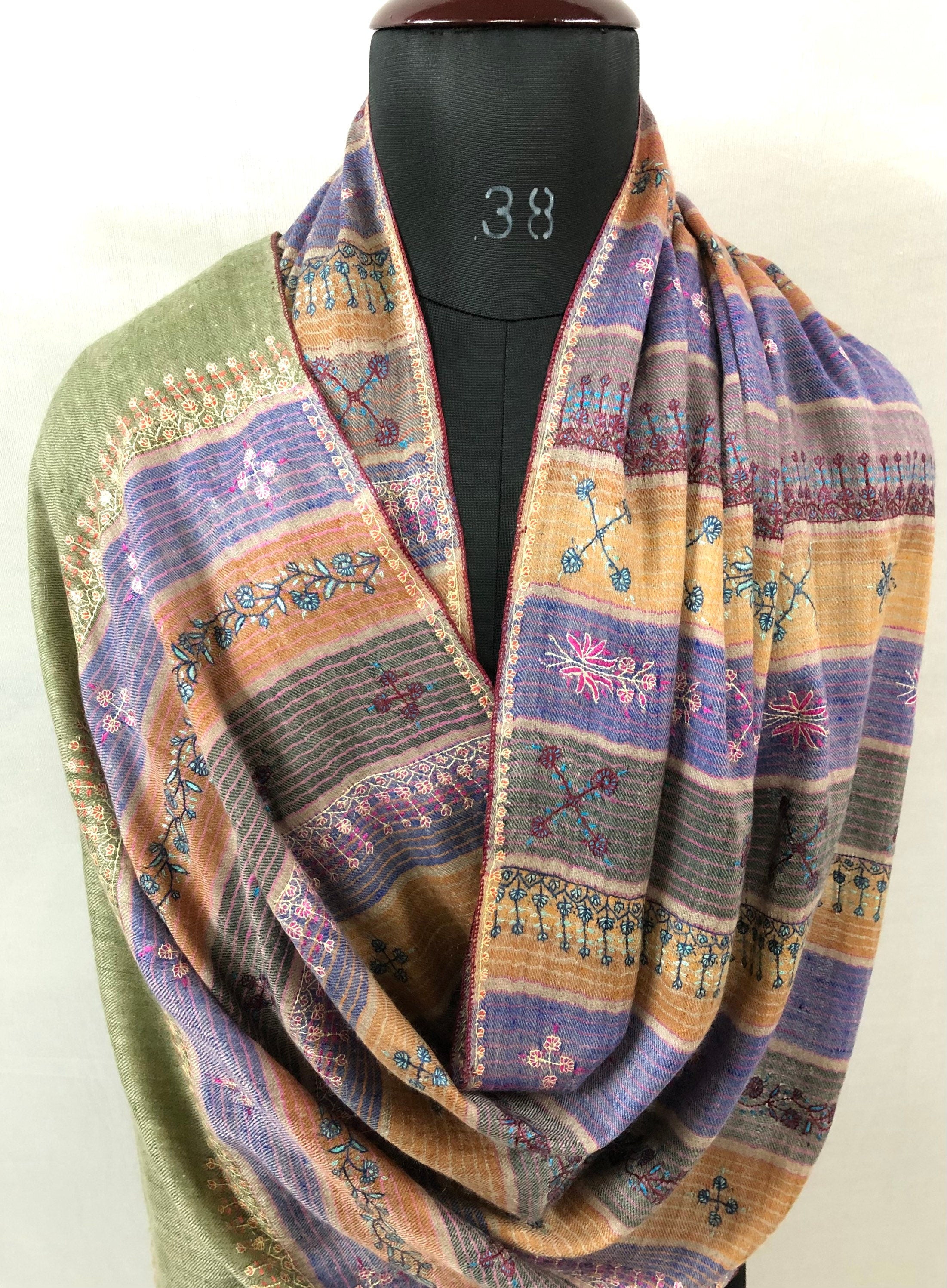 Pashmina Halloween Multicoloured chalk stripes modern design super micro fine hand embroidered real cashmere pashmina stole shawl - Mehraj Crafts 