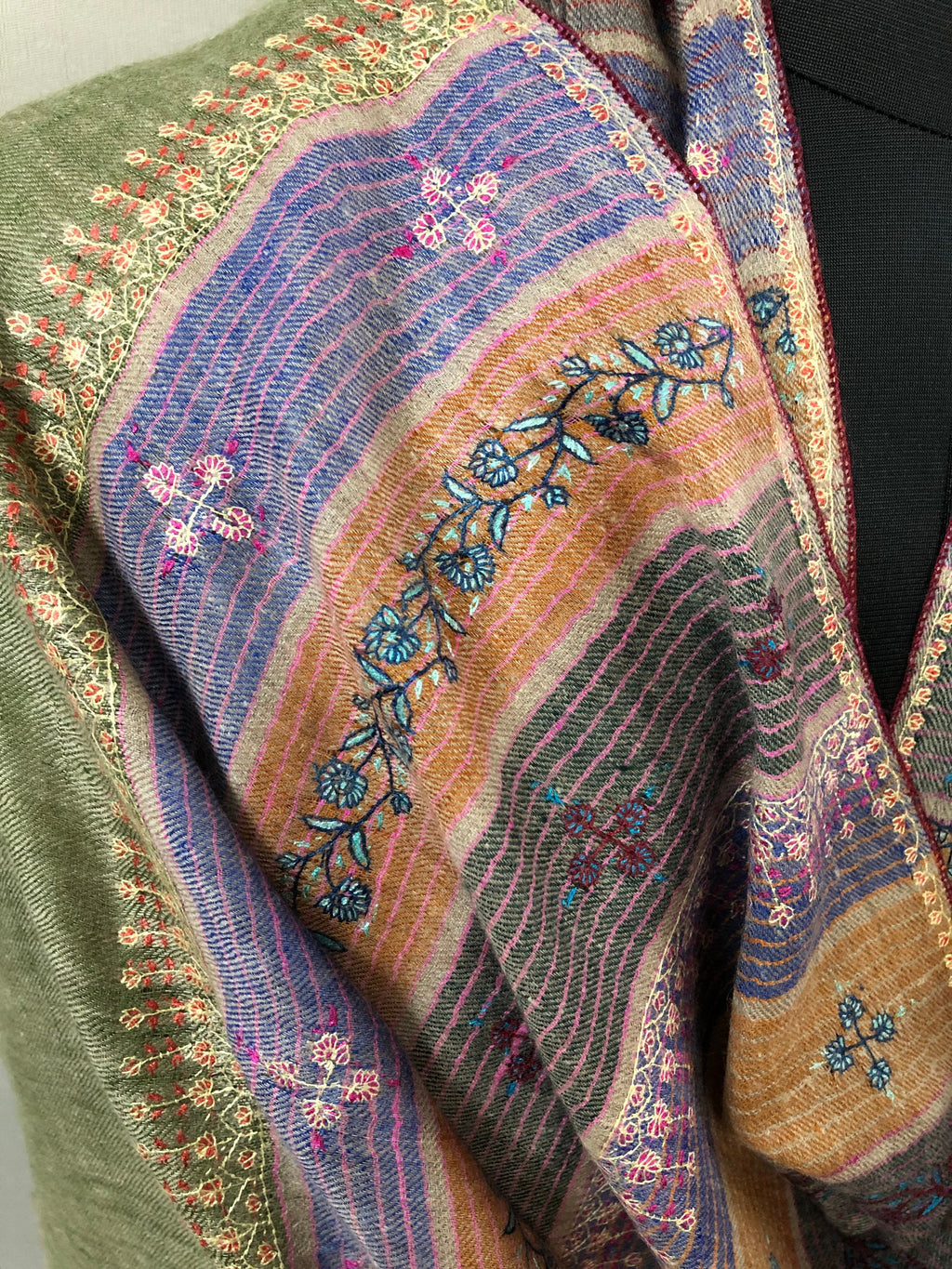 Pashmina Halloween Multicoloured chalk stripes modern design super micro fine hand embroidered real cashmere pashmina stole shawl - Mehraj Crafts 