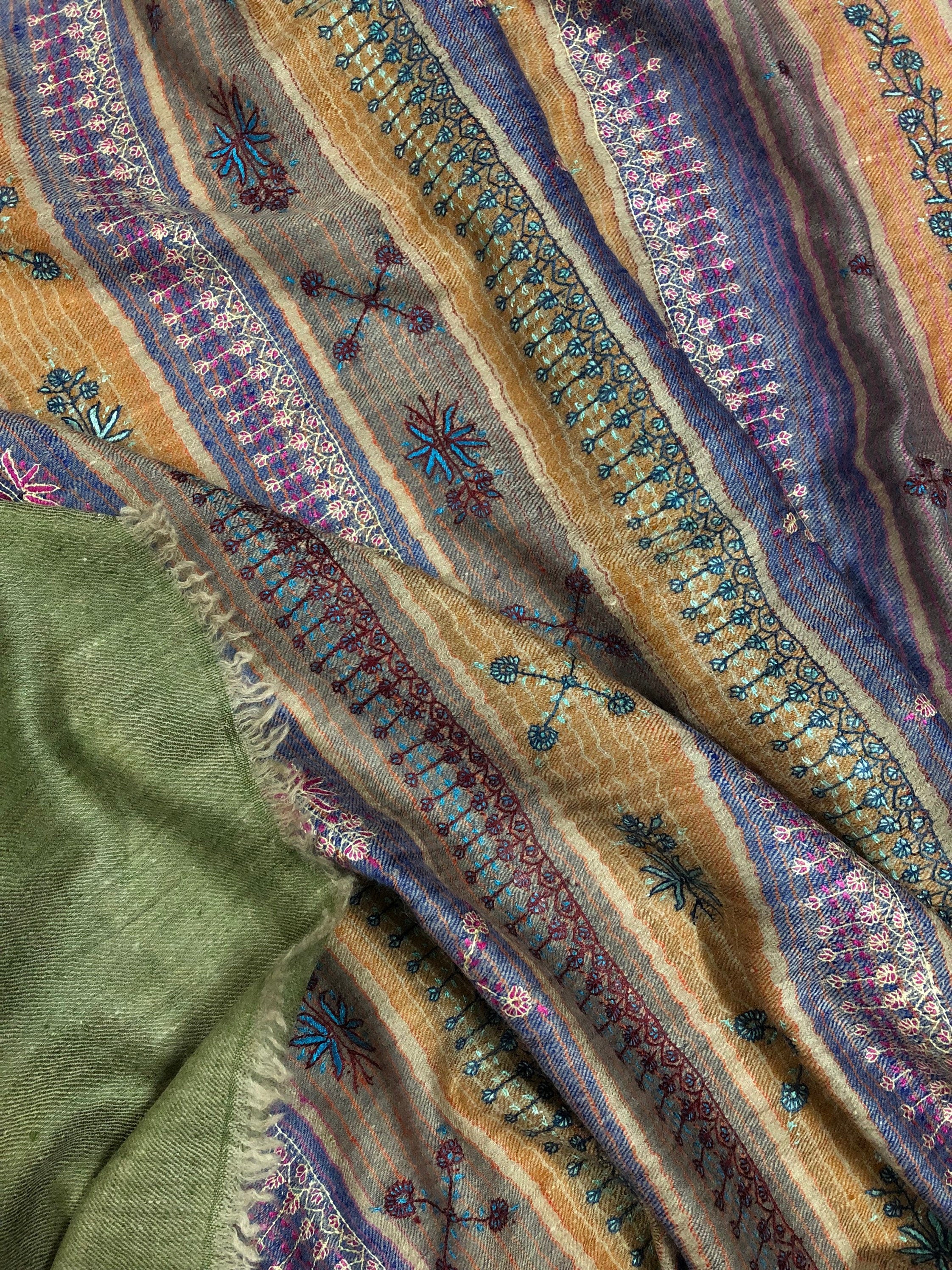 Pashmina Halloween Multicoloured chalk stripes modern design super micro fine hand embroidered real cashmere pashmina stole shawl - Mehraj Crafts 