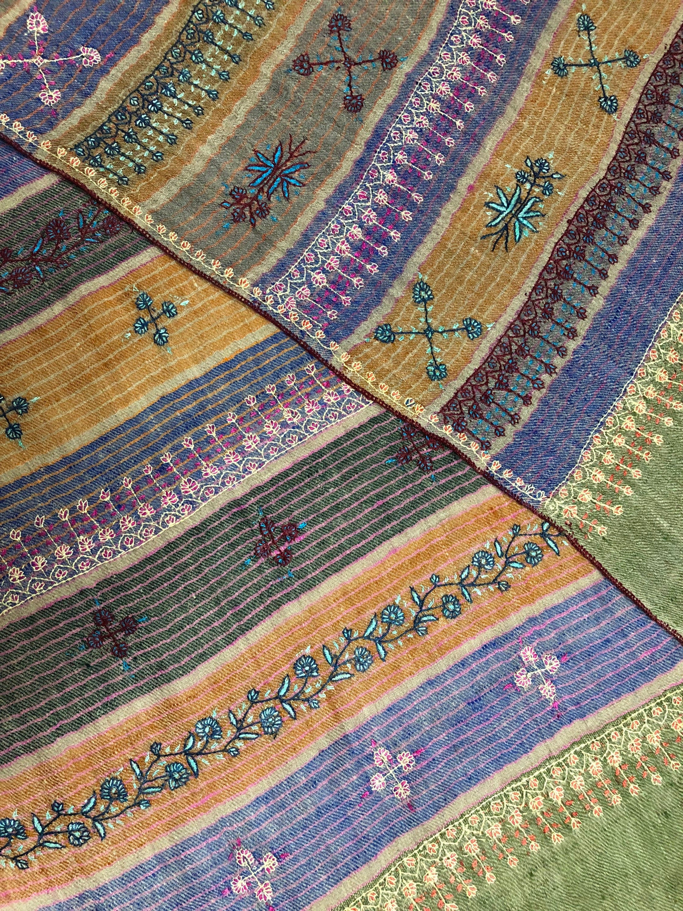 Pashmina Halloween Multicoloured chalk stripes modern design super micro fine hand embroidered real cashmere pashmina stole shawl - Mehraj Crafts 