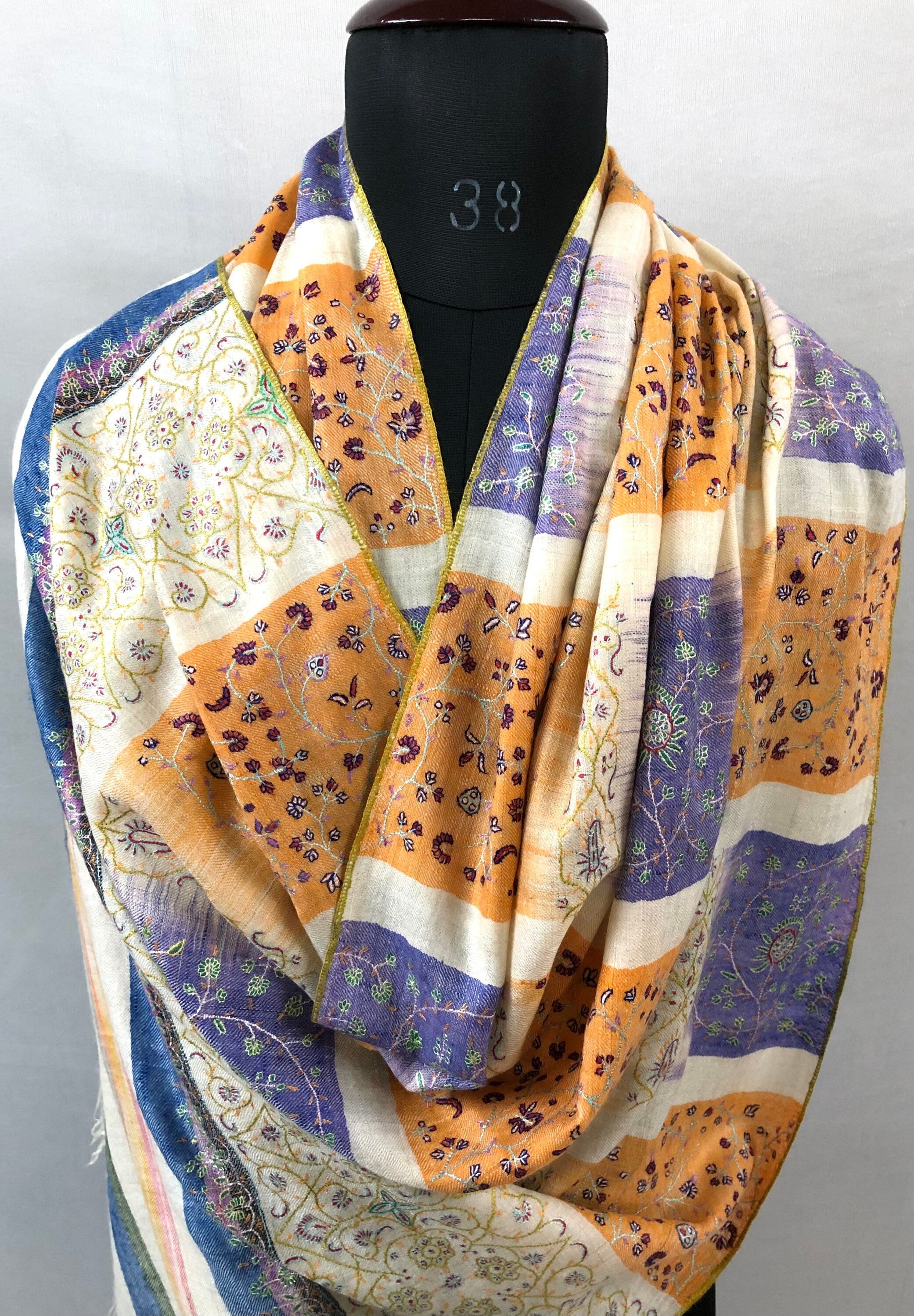 teacher gift Peach fuzz handwoven ikkat weave modern design super micro fine hand embroidered real cashmere pashmina stole shawl - Mehraj Crafts 