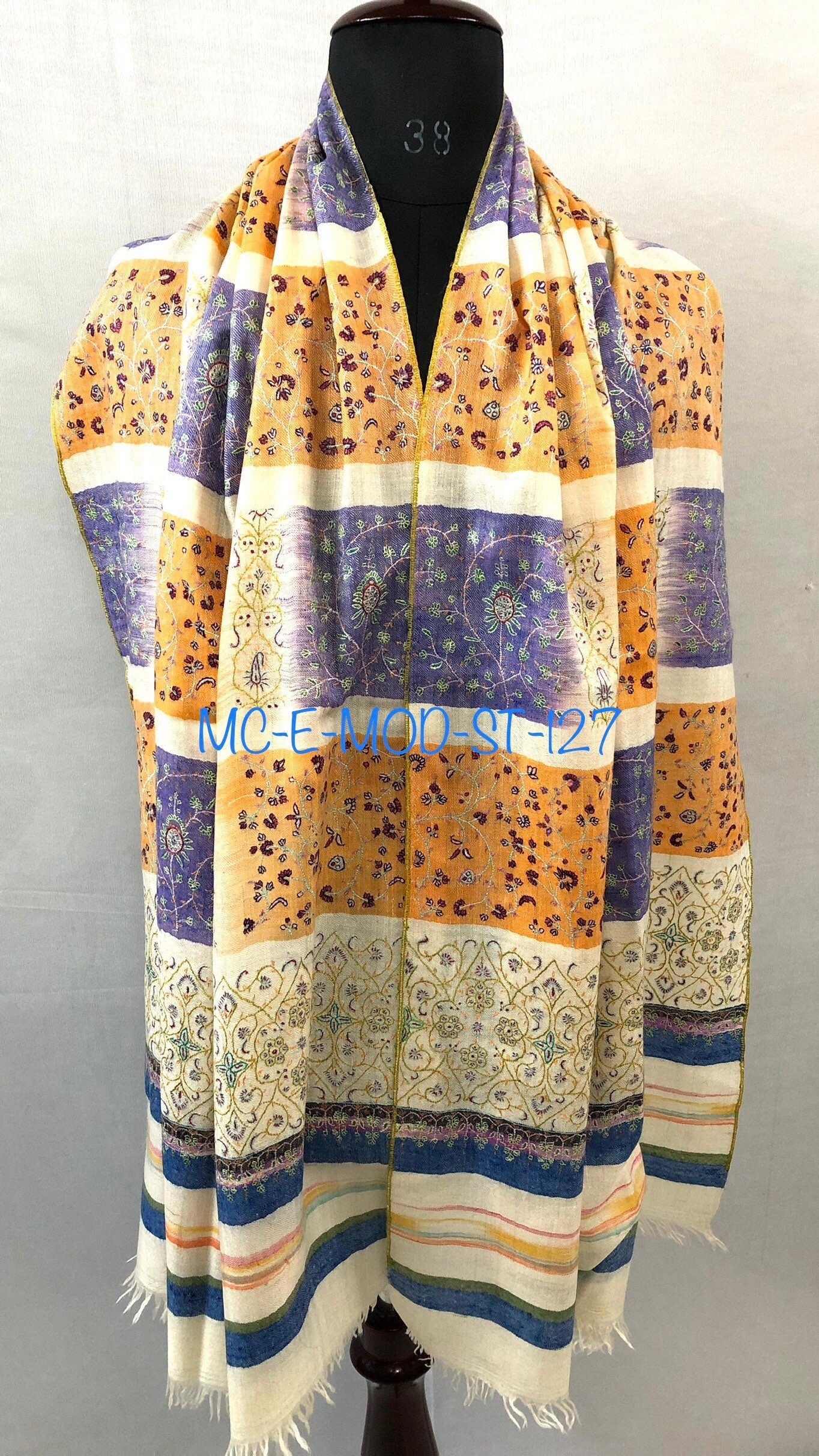 teacher gift Peach fuzz handwoven ikkat weave modern design super micro fine hand embroidered real cashmere pashmina stole shawl - Mehraj Crafts 