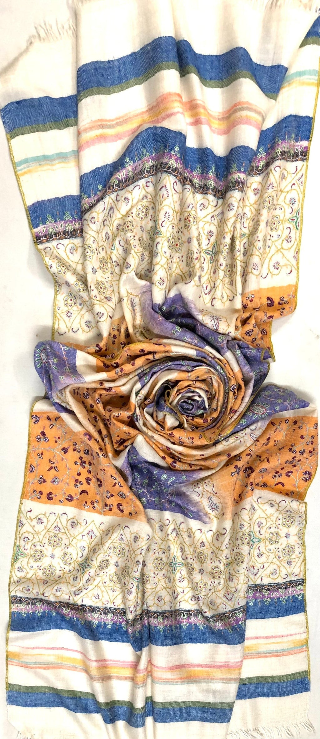 Handwoven Cashmere Pashmina Stole: Peach Fuzz Ikkat Embroidery