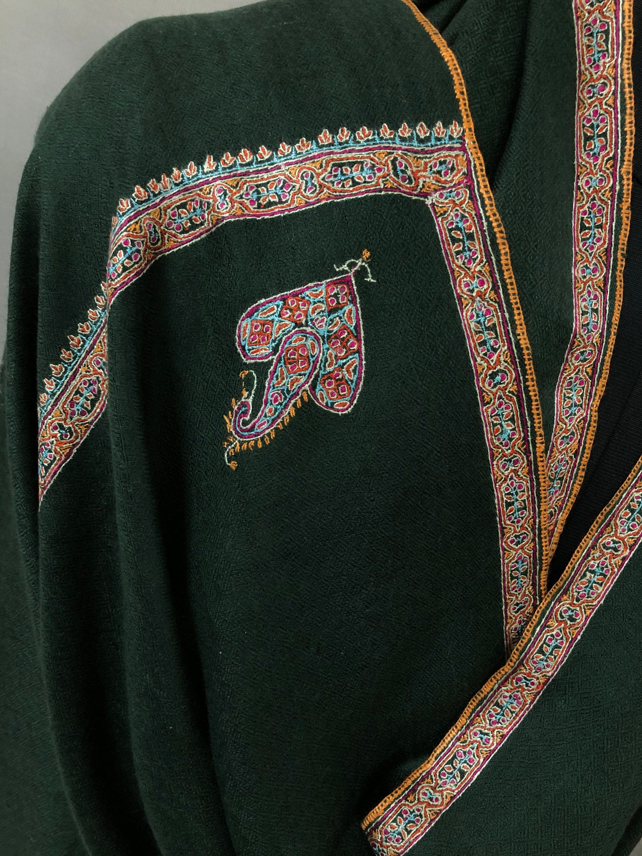 Pashmina christmas dayDark green sozni super fine hand Embroidered border handwoven real cashmere pashmina stole scarf shawl - Mehraj Crafts 