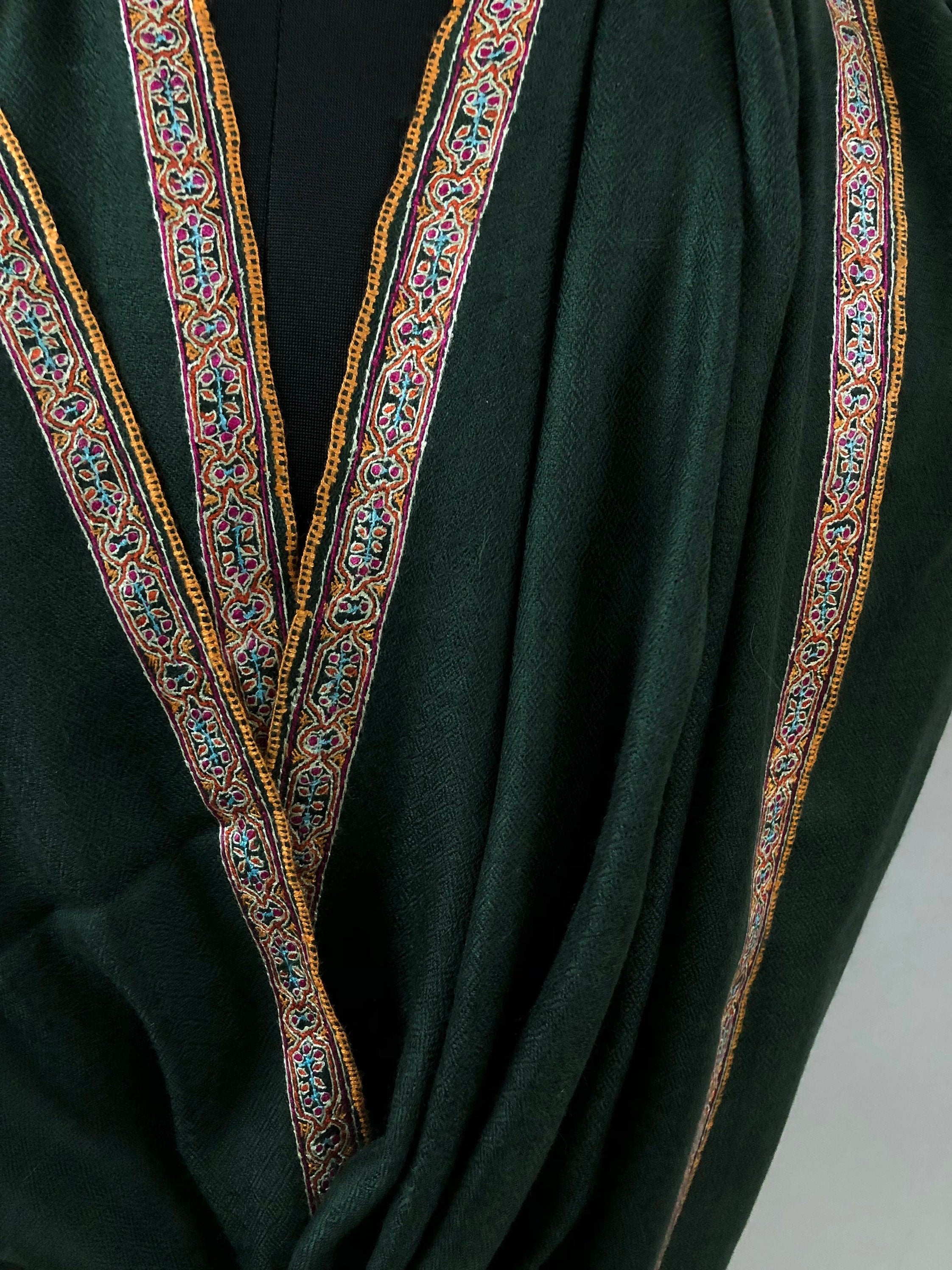 Pashmina christmas dayDark green sozni super fine hand Embroidered border handwoven real cashmere pashmina stole scarf shawl - Mehraj Crafts 