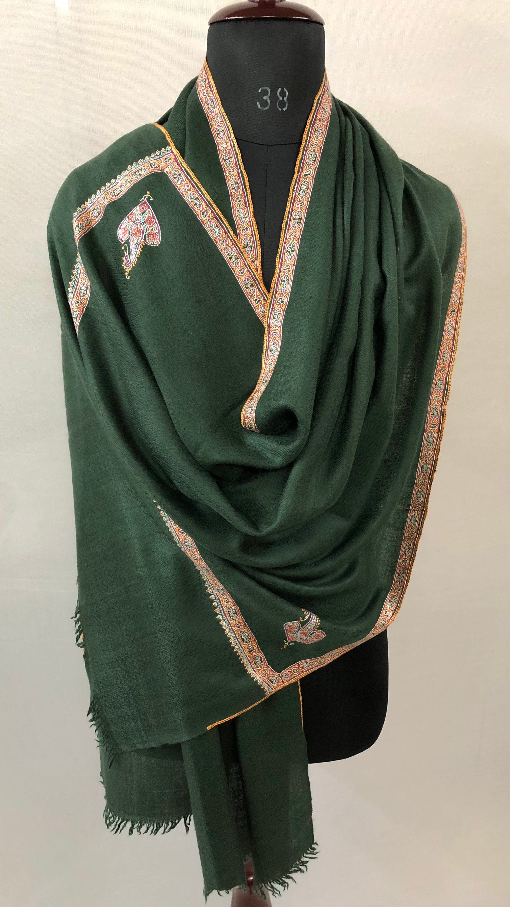 Pashmina christmas dayDark green sozni super fine hand Embroidered border handwoven real cashmere pashmina stole scarf shawl - Mehraj Crafts 