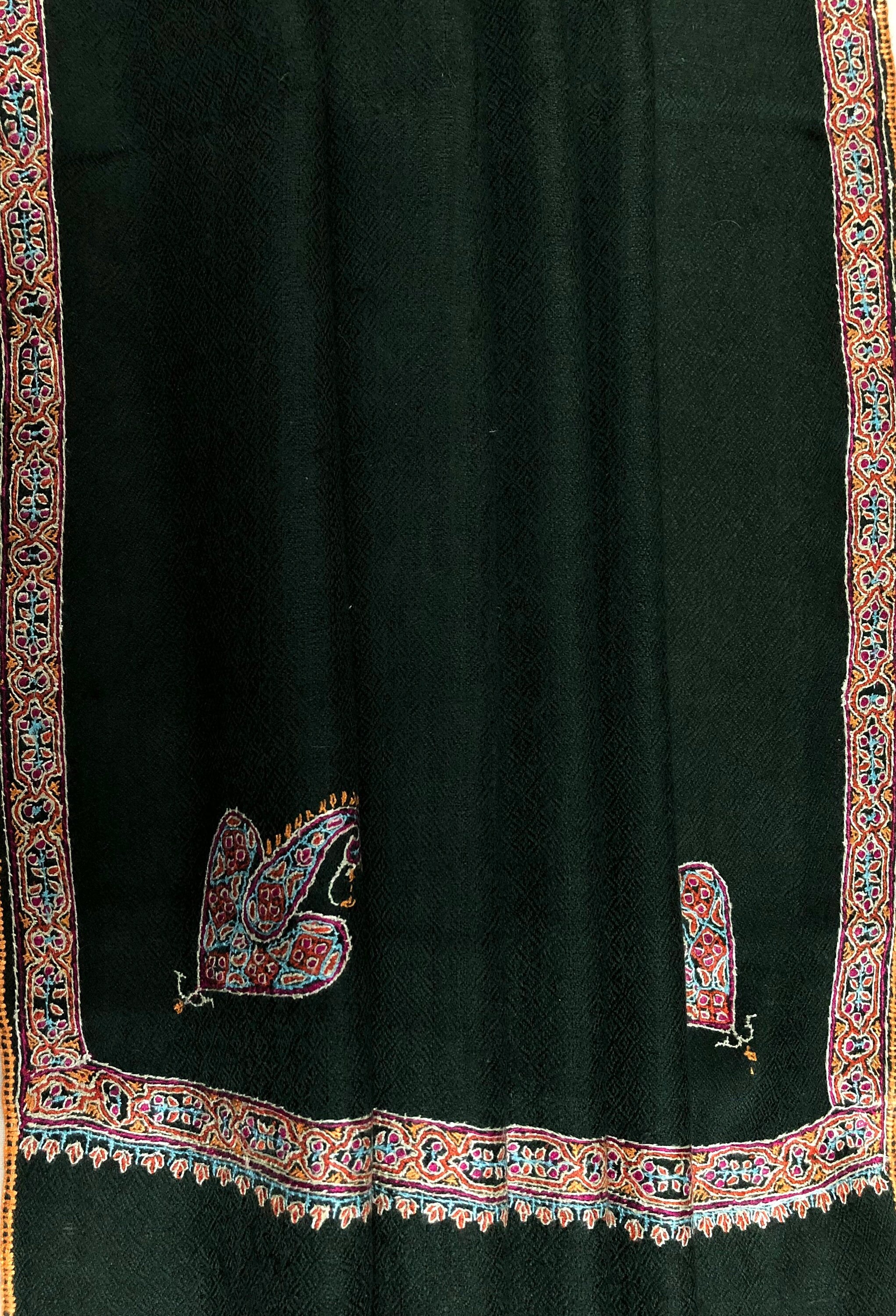 Pashmina christmas dayDark green sozni super fine hand Embroidered border handwoven real cashmere pashmina stole scarf shawl - Mehraj Crafts 
