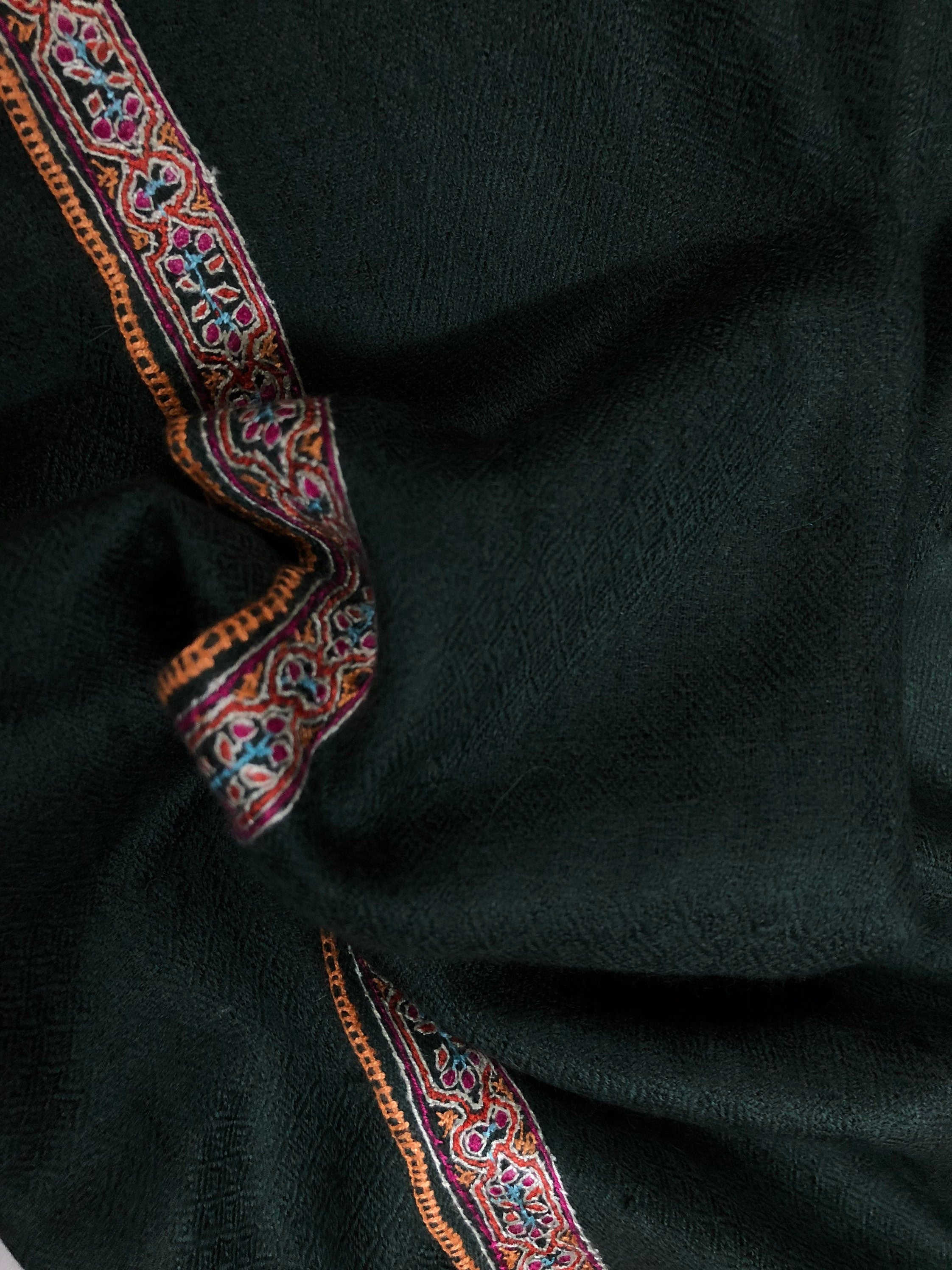 Pashmina christmas dayDark green sozni super fine hand Embroidered border handwoven real cashmere pashmina stole scarf shawl - Mehraj Crafts 