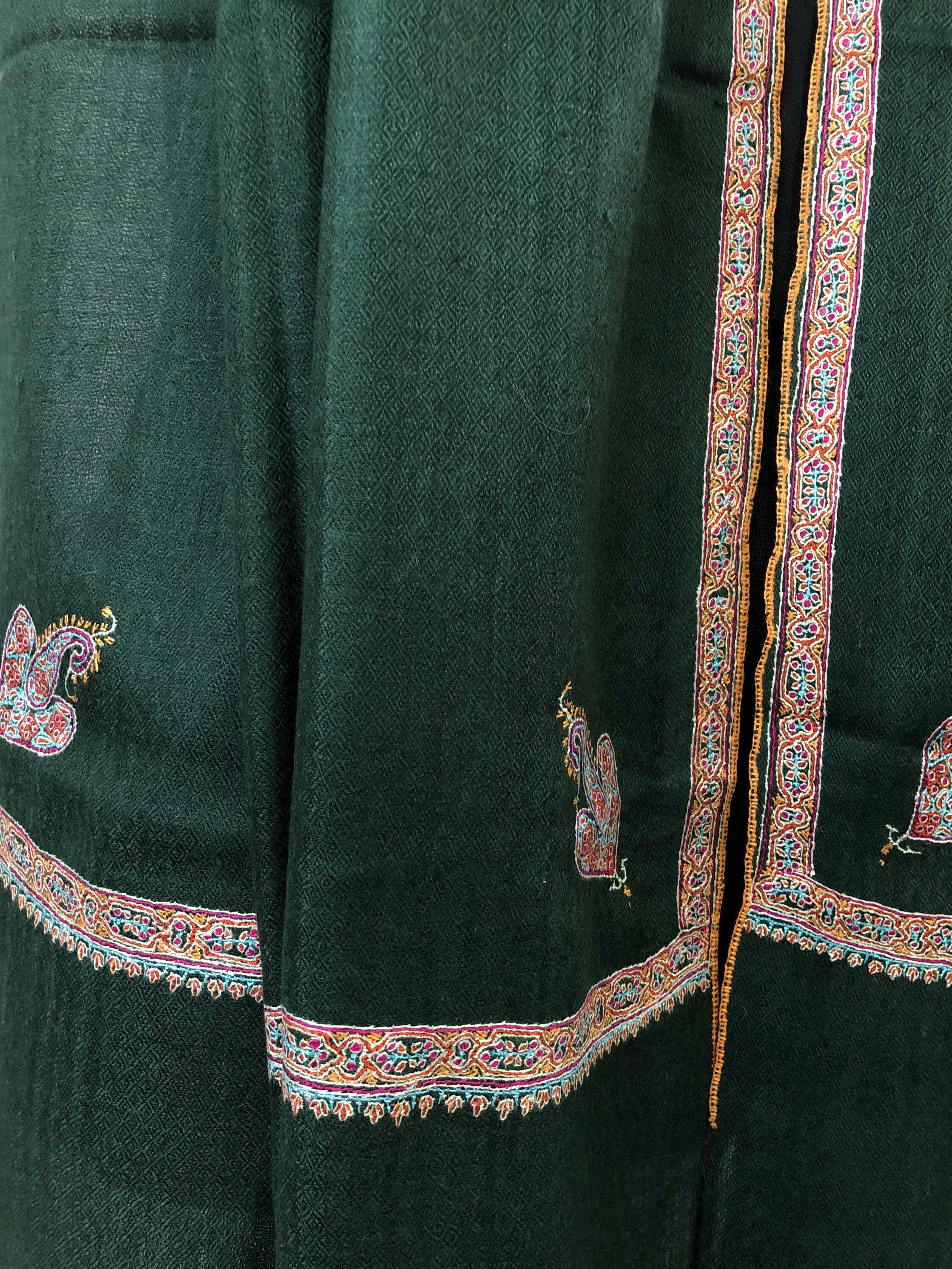 Pashmina christmas dayDark green sozni super fine hand Embroidered border handwoven real cashmere pashmina stole scarf shawl - Mehraj Crafts 