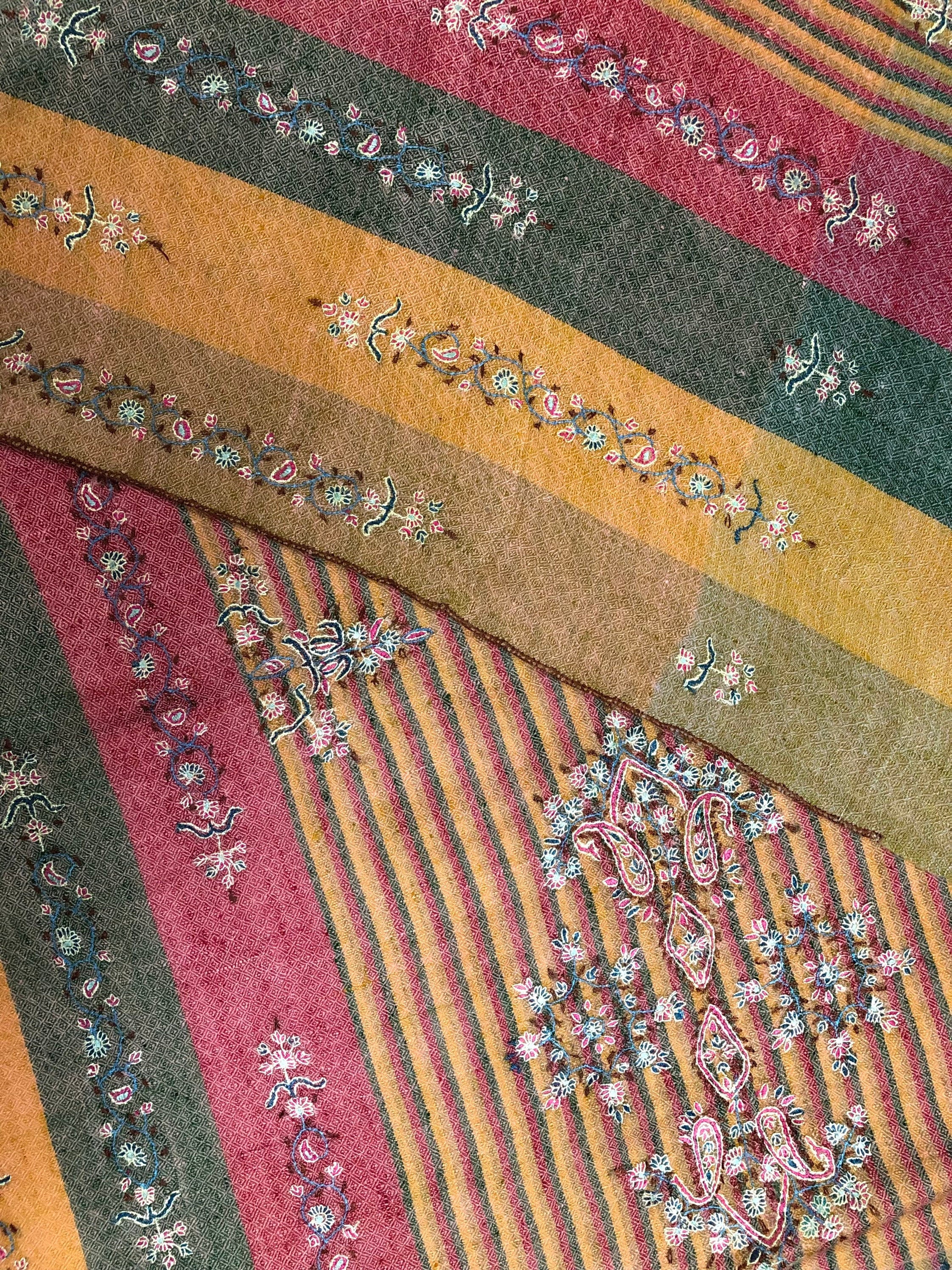 Pashmina Halloween Madras shadow stripes handcrafted micro fine embroidered modern design real cashmere pashmina stole shawl - Mehraj Crafts 
