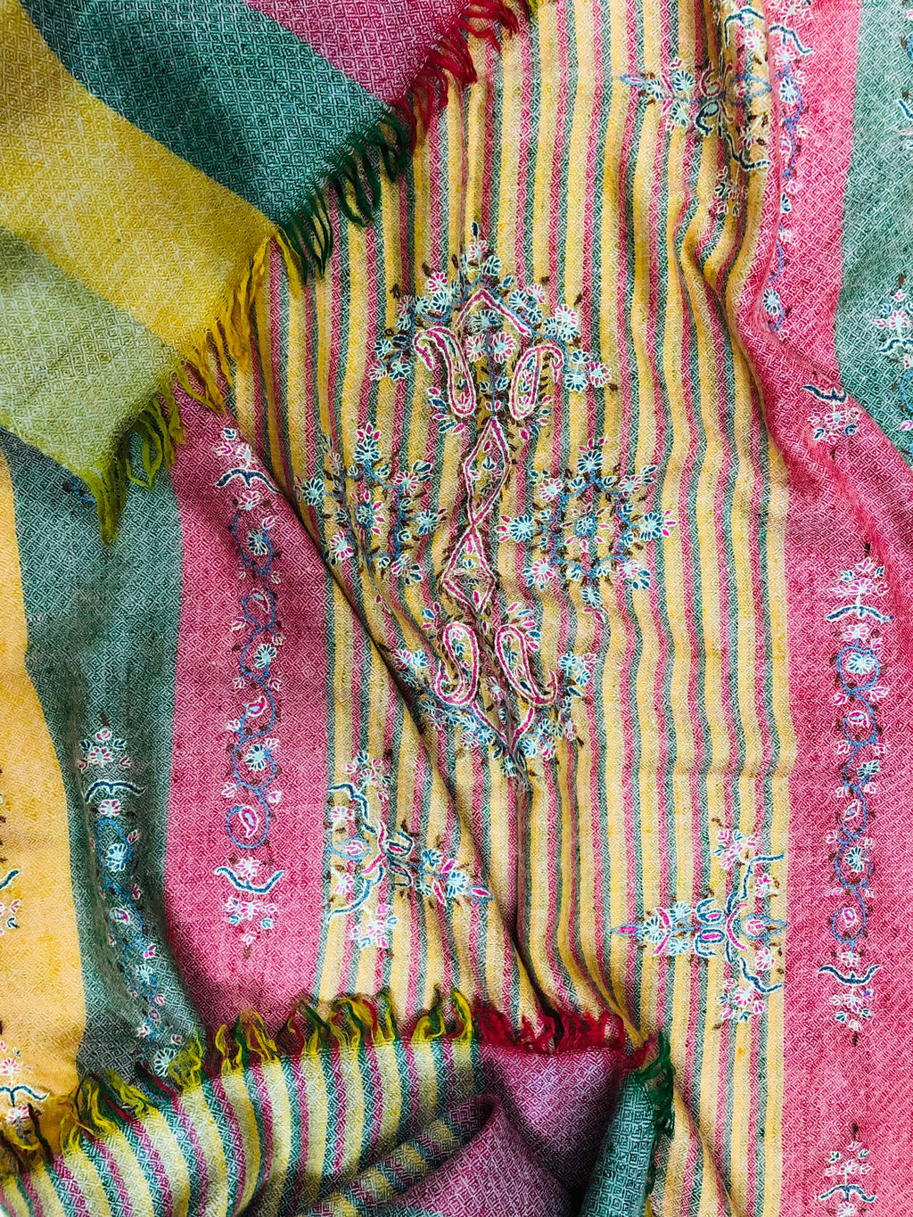 Pashmina Halloween Madras shadow stripes handcrafted micro fine embroidered modern design real cashmere pashmina stole shawl - Mehraj Crafts 