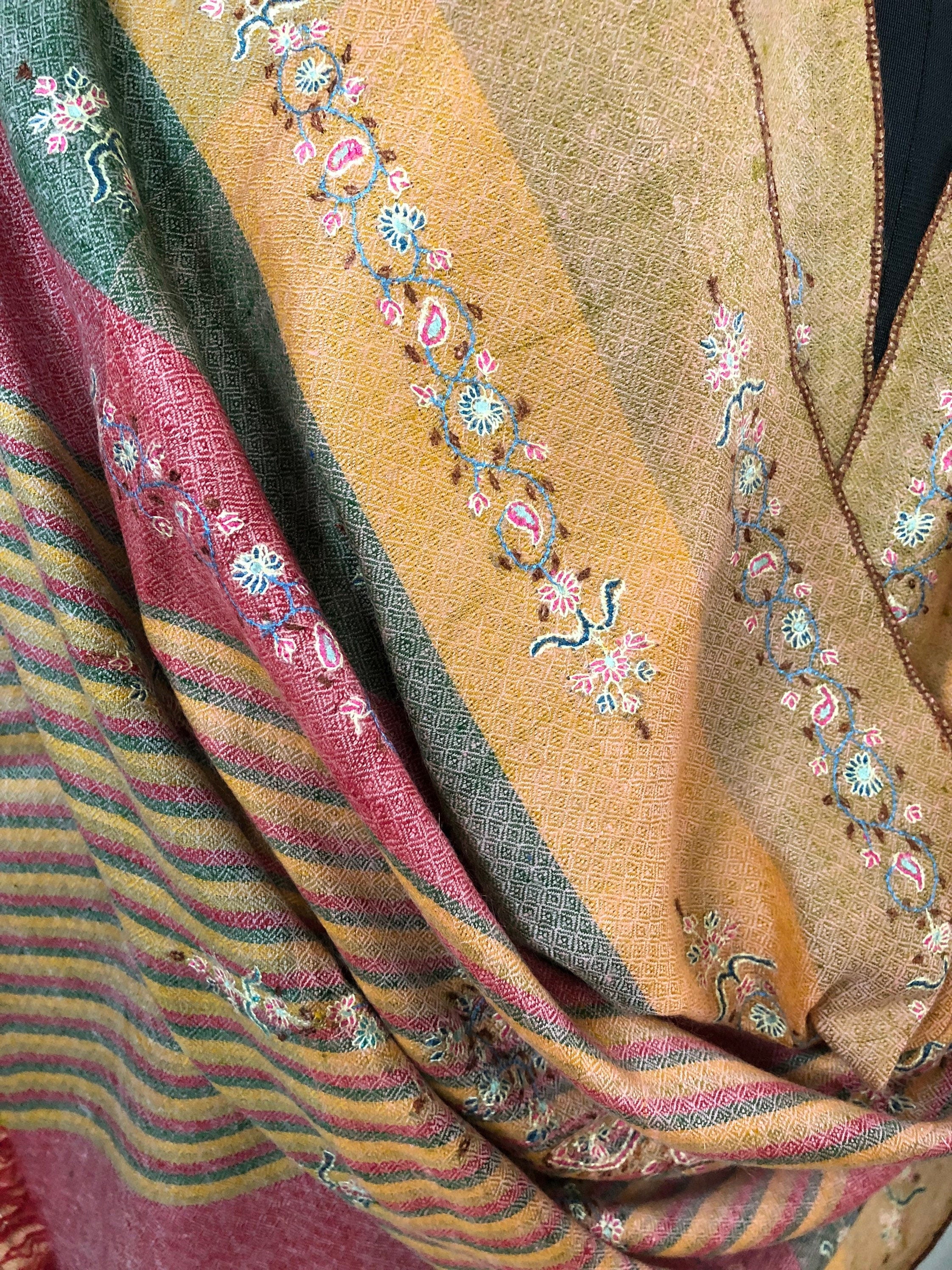 Pashmina Halloween Madras shadow stripes handcrafted micro fine embroidered modern design real cashmere pashmina stole shawl - Mehraj Crafts 
