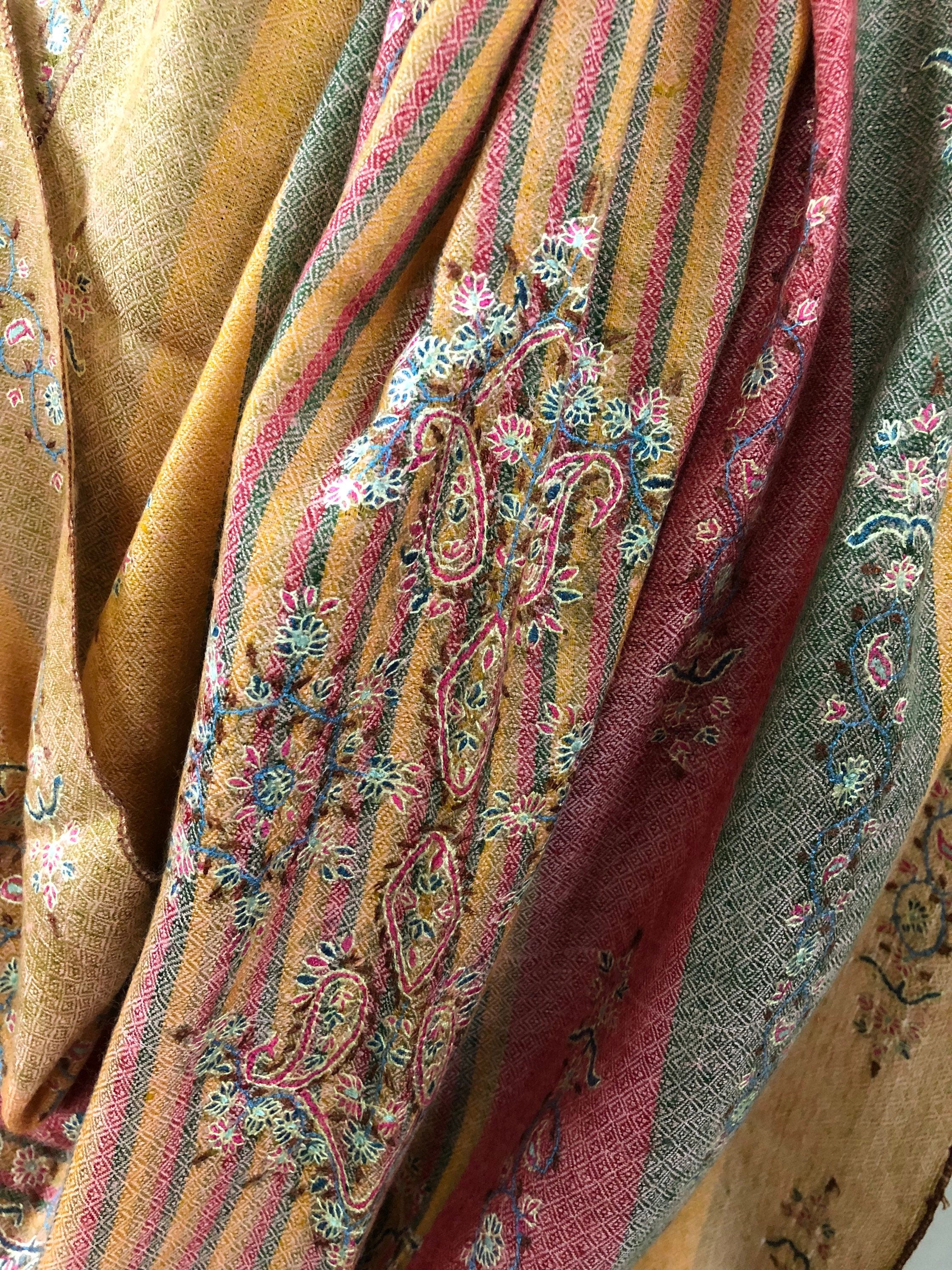 Pashmina Halloween Madras shadow stripes handcrafted micro fine embroidered modern design real cashmere pashmina stole shawl - Mehraj Crafts 