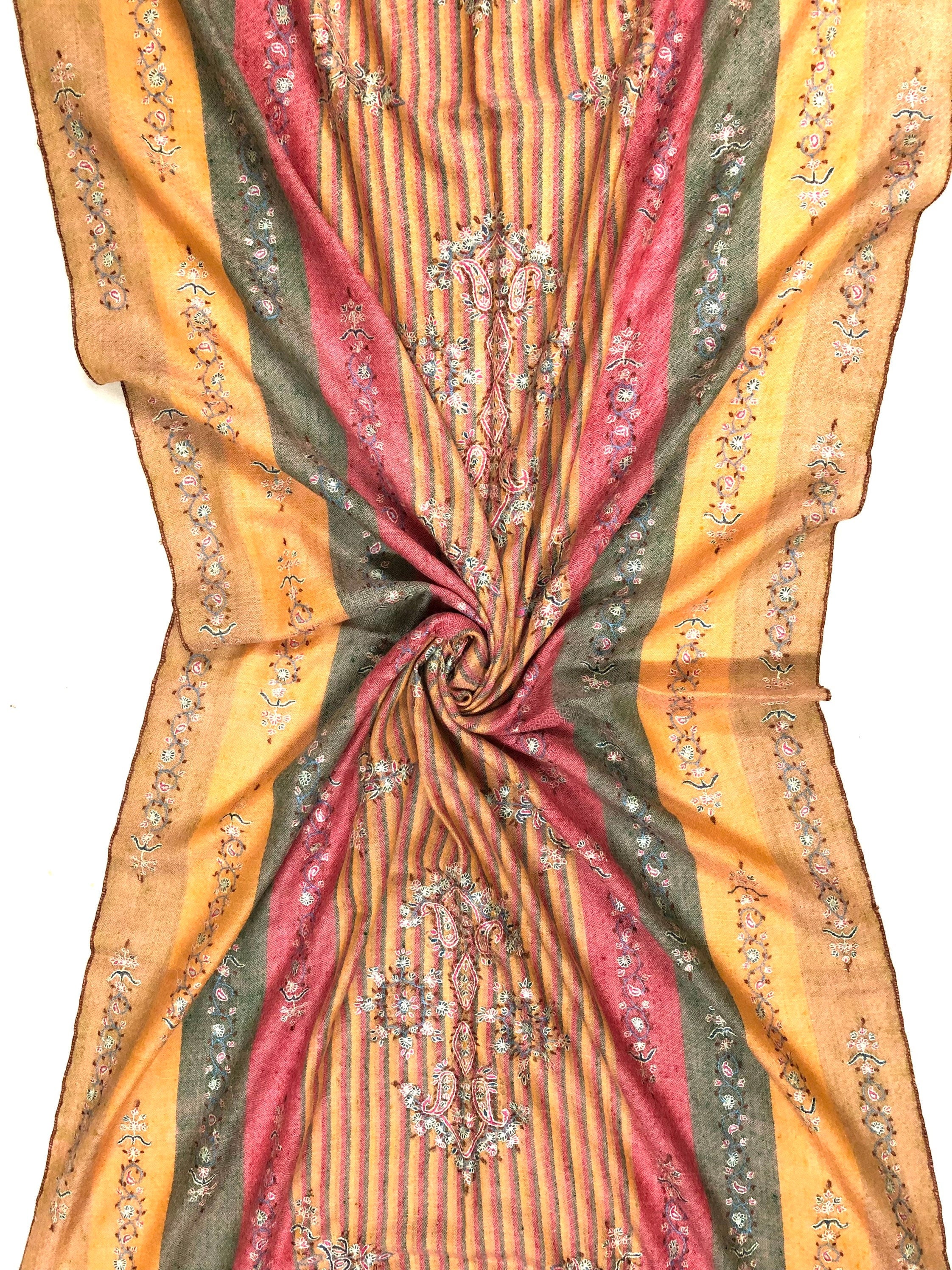 Pashmina Halloween Madras shadow stripes handcrafted micro fine embroidered modern design real cashmere pashmina stole shawl - Mehraj Crafts 