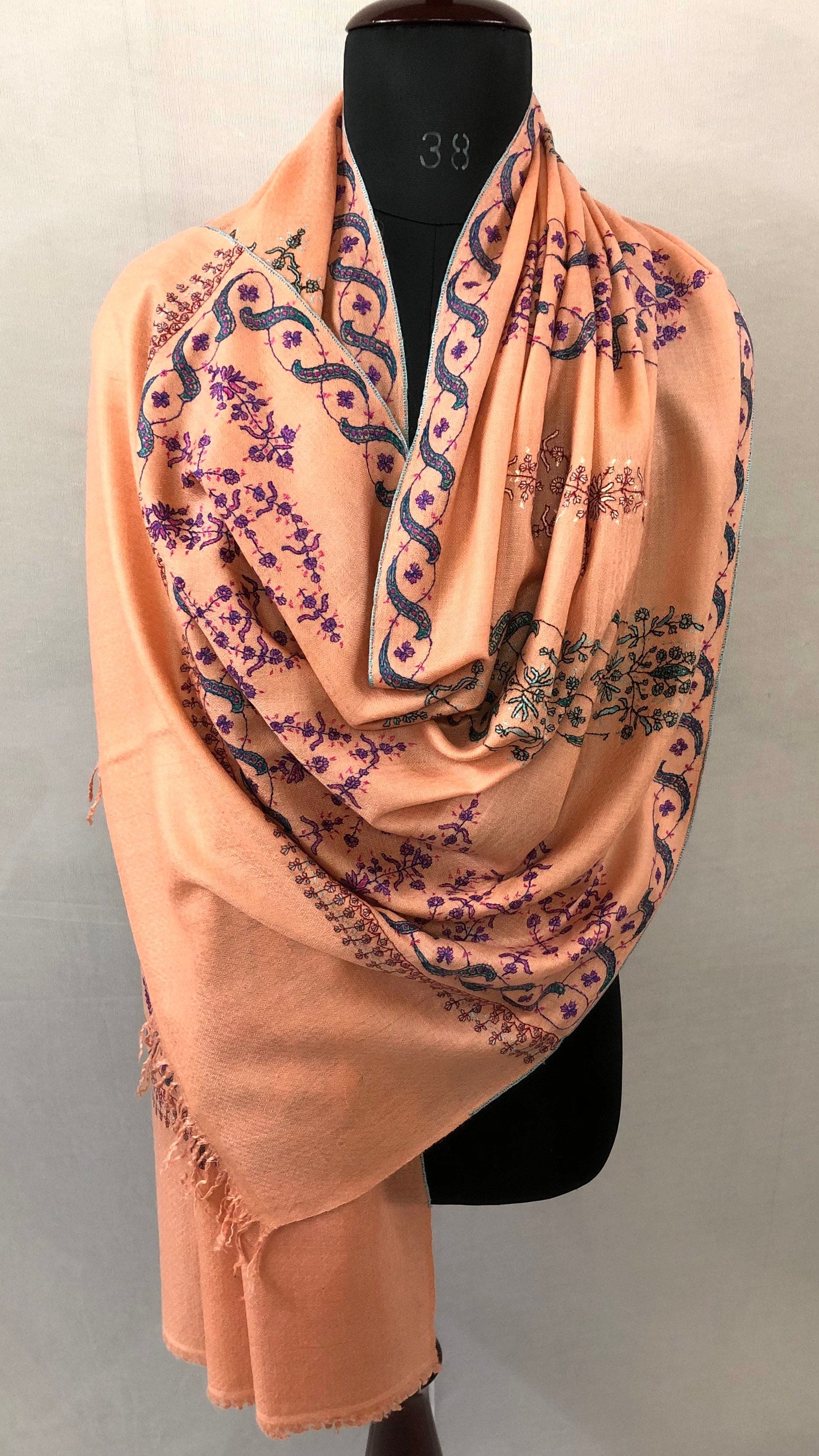 Pashmina christmas dayPeach nectar handcrafted micro fine designer embroidered handwoven real cashmere pashmina stole - Mehraj Crafts 