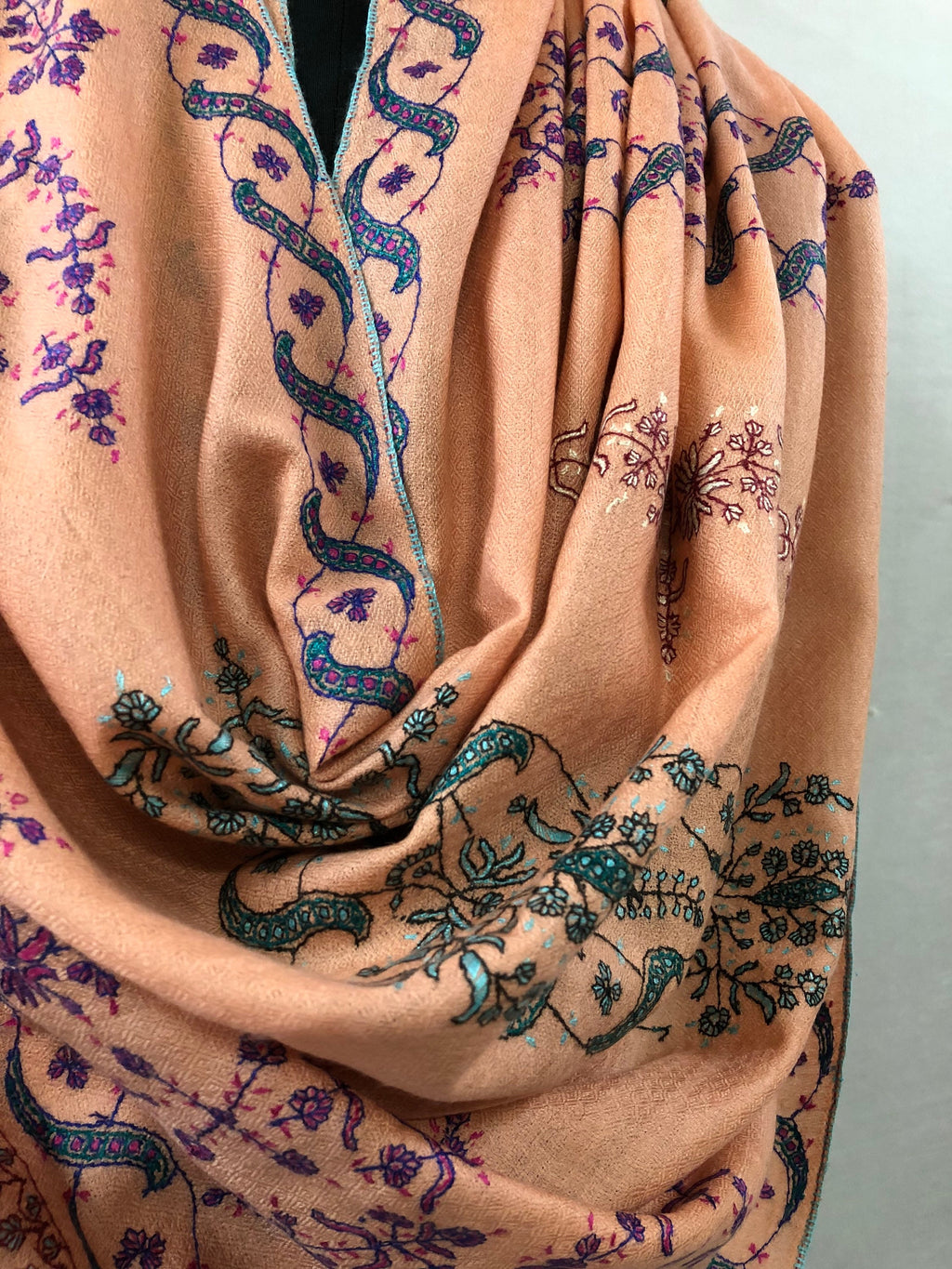 Pashmina christmas dayPeach nectar handcrafted micro fine designer embroidered handwoven real cashmere pashmina stole - Mehraj Crafts 