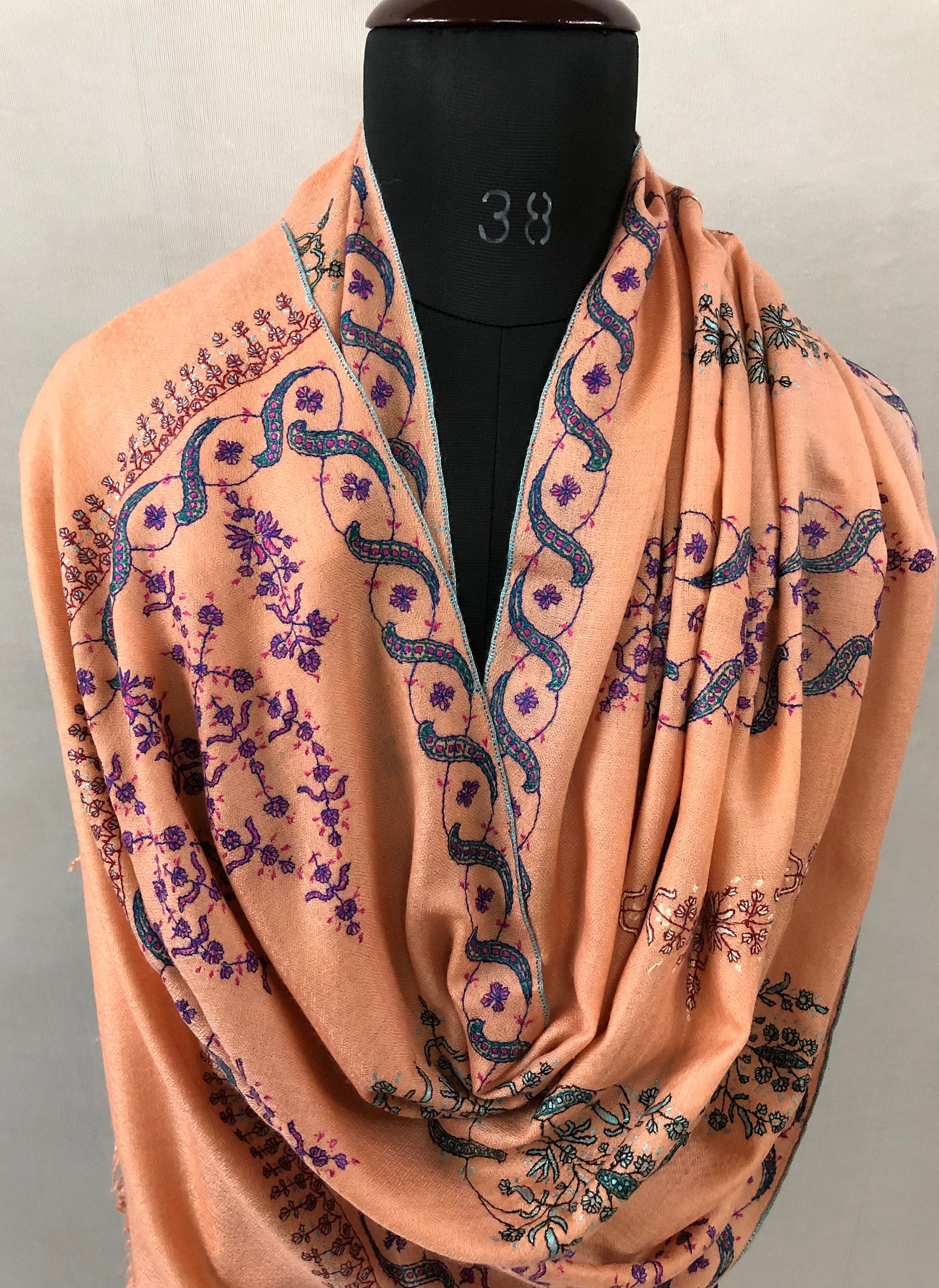 Pashmina christmas dayPeach nectar handcrafted micro fine designer embroidered handwoven real cashmere pashmina stole - Mehraj Crafts 