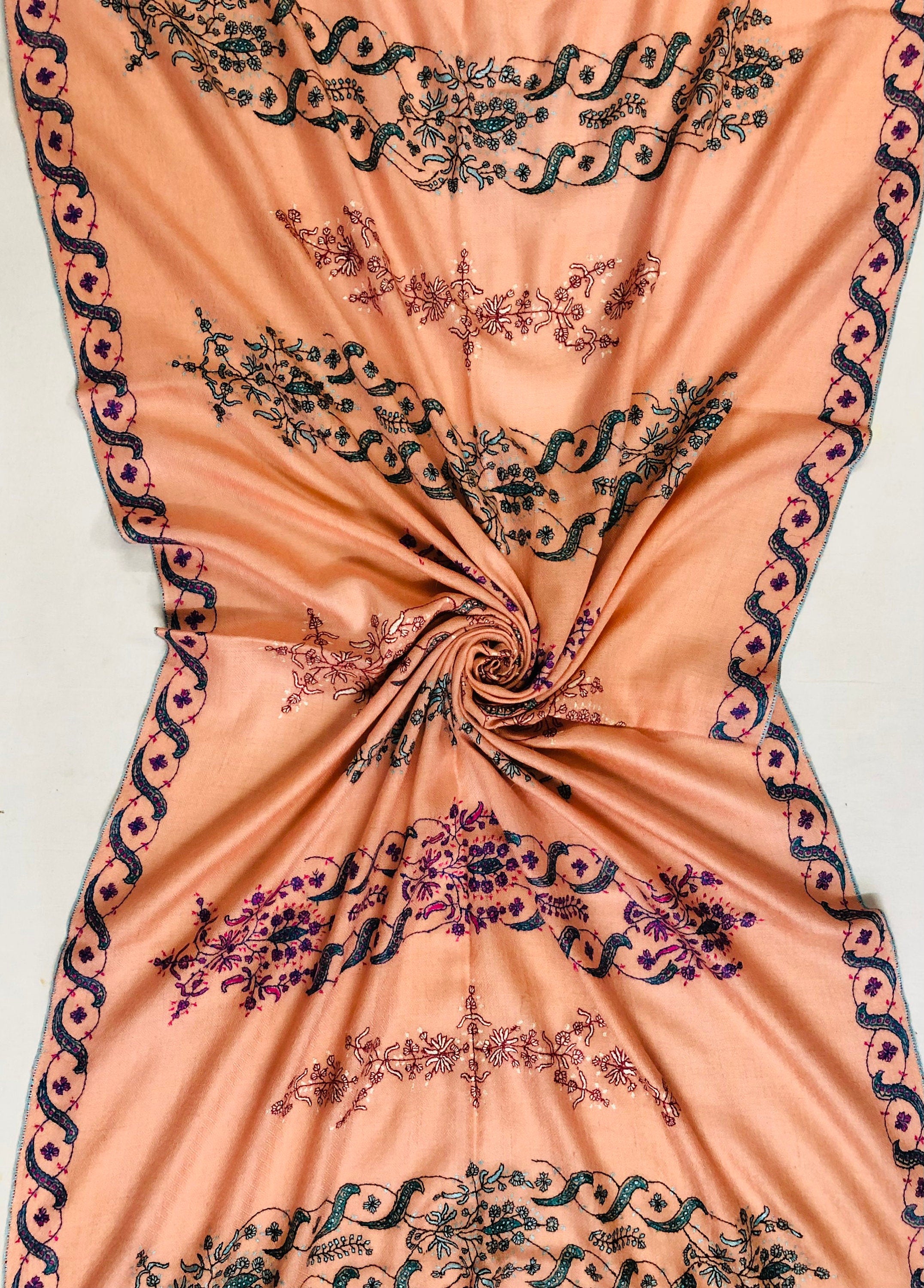 Pashmina christmas dayPeach nectar handcrafted micro fine designer embroidered handwoven real cashmere pashmina stole - Mehraj Crafts 