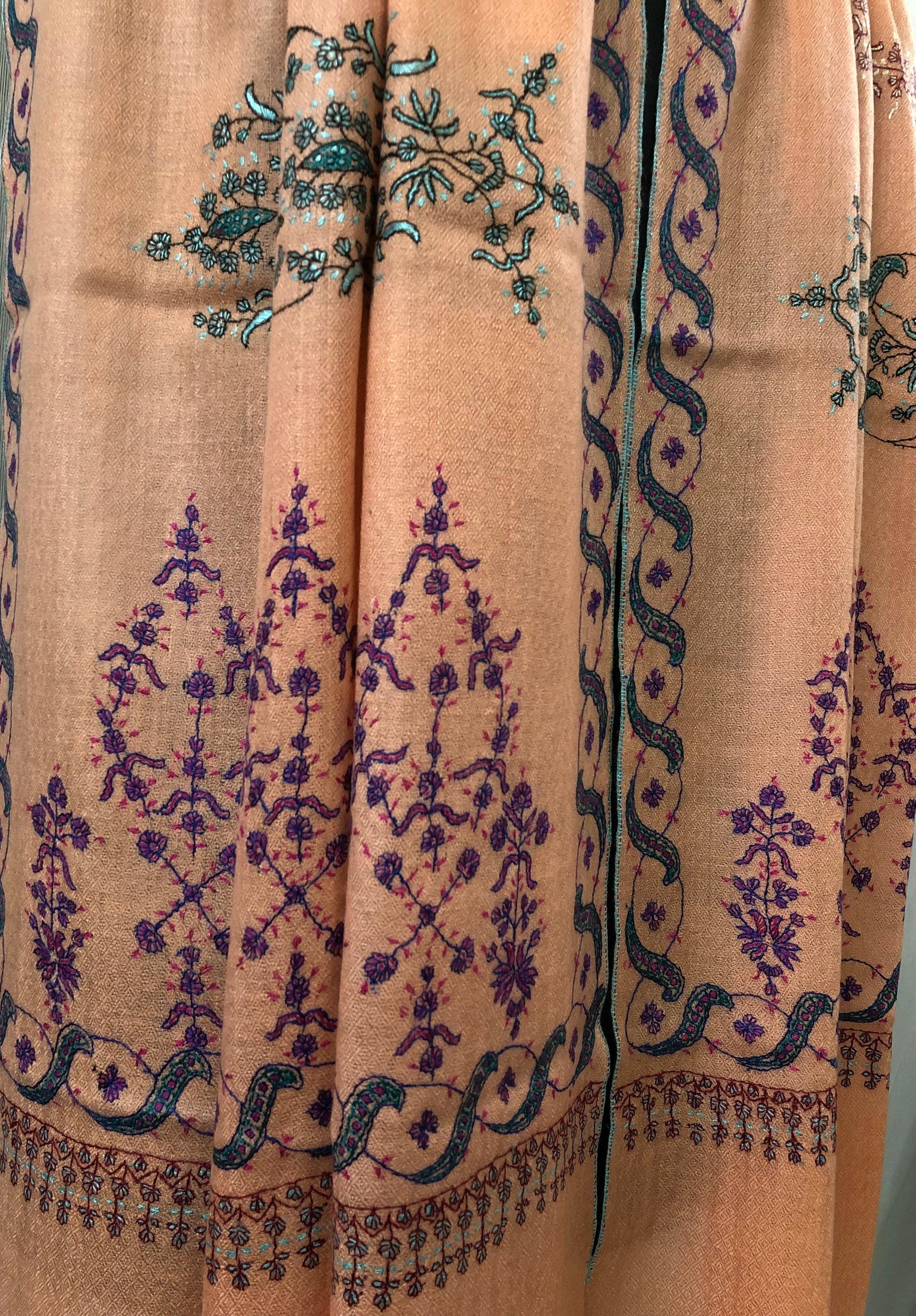 Pashmina christmas dayPeach nectar handcrafted micro fine designer embroidered handwoven real cashmere pashmina stole - Mehraj Crafts 