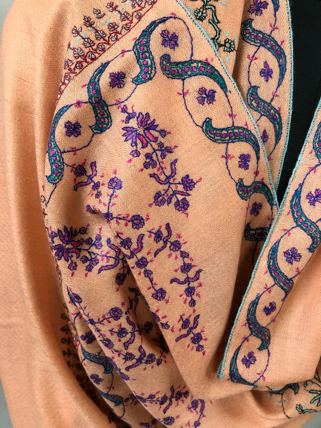 Pashmina christmas dayPeach nectar handcrafted micro fine designer embroidered handwoven real cashmere pashmina stole - Mehraj Crafts 