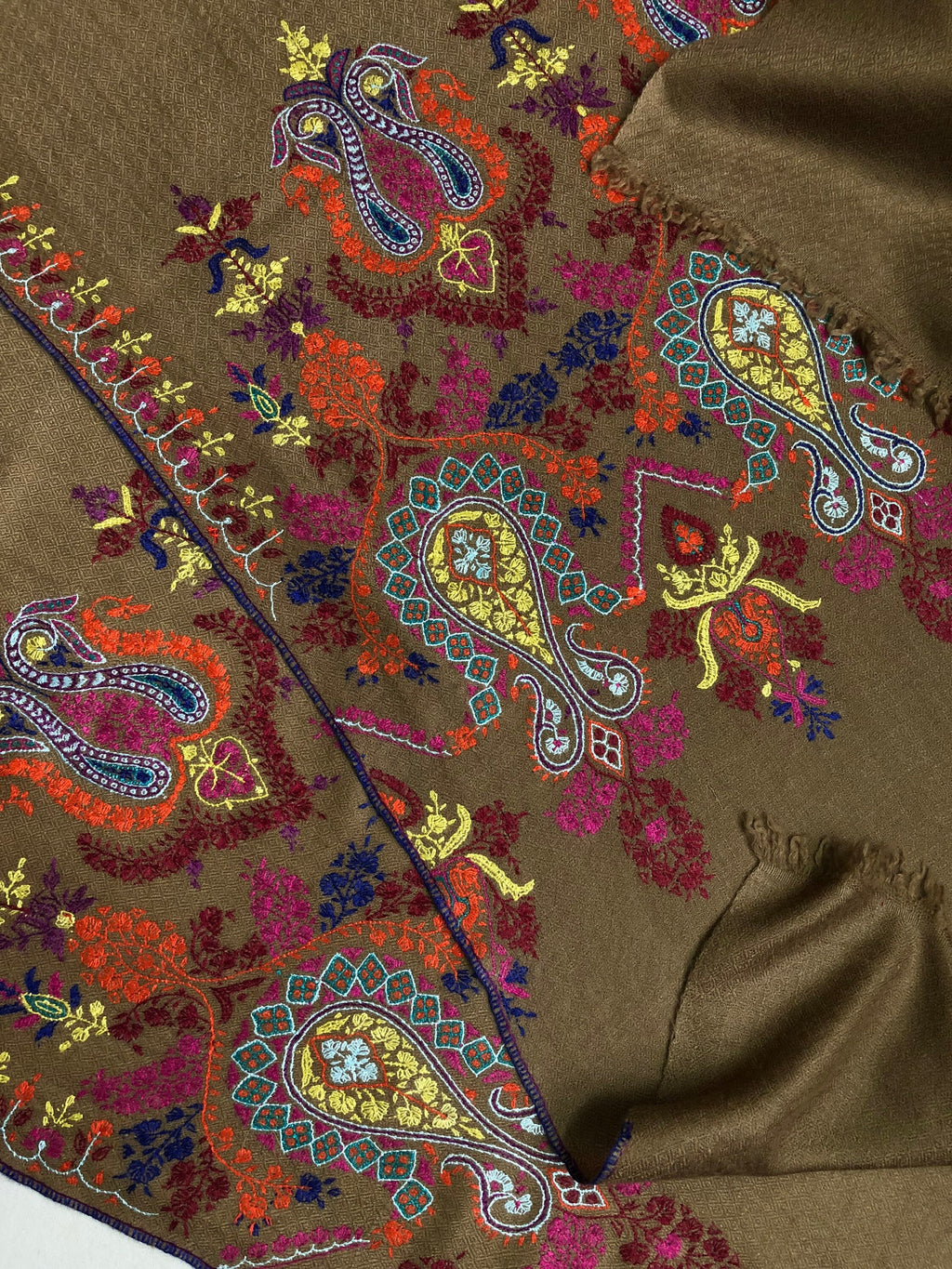 GI sozani Tigers eye brown elegant designer palla  handcrafted micro fine embroidered real cashmere pashmina stole scarf shawl - Mehraj Crafts 