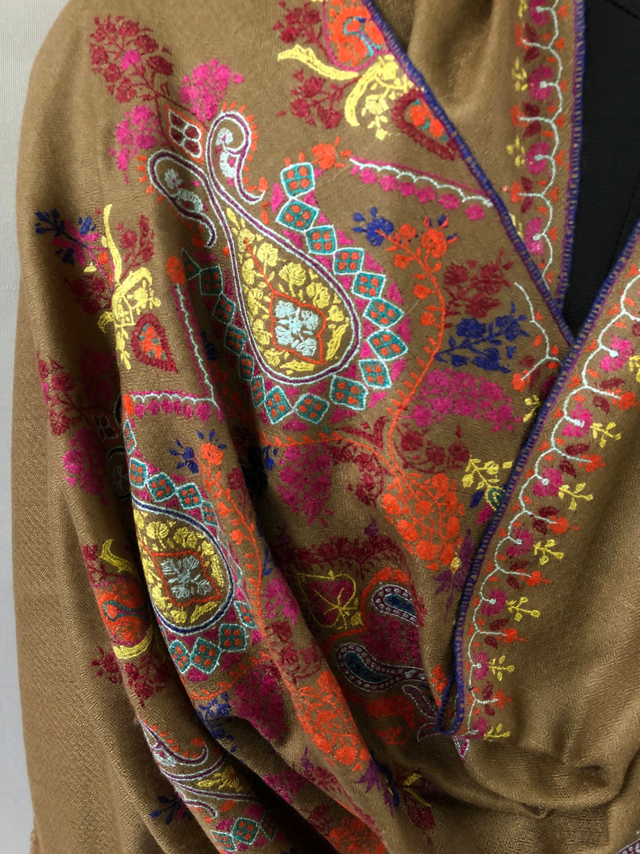 GI sozani Tigers eye brown elegant designer palla  handcrafted micro fine embroidered real cashmere pashmina stole scarf shawl - Mehraj Crafts 