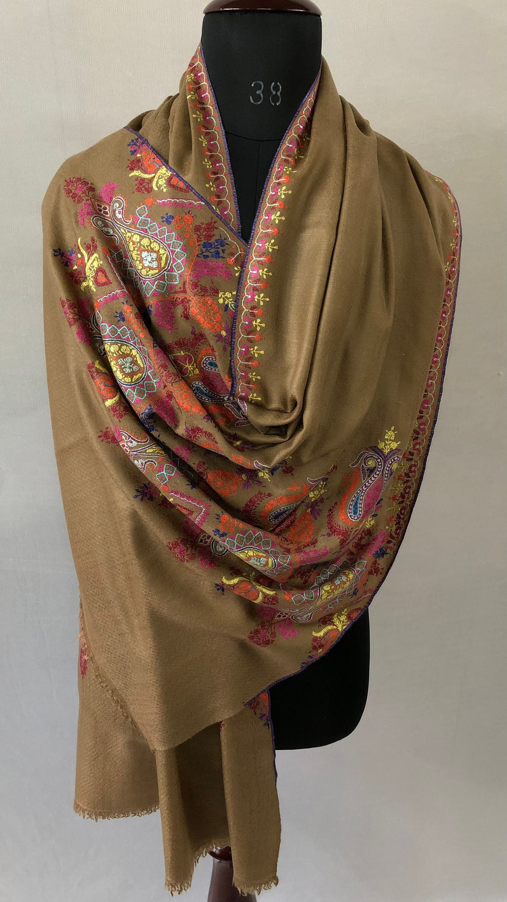 GI sozani Tigers eye brown elegant designer palla  handcrafted micro fine embroidered real cashmere pashmina stole scarf shawl - Mehraj Crafts 