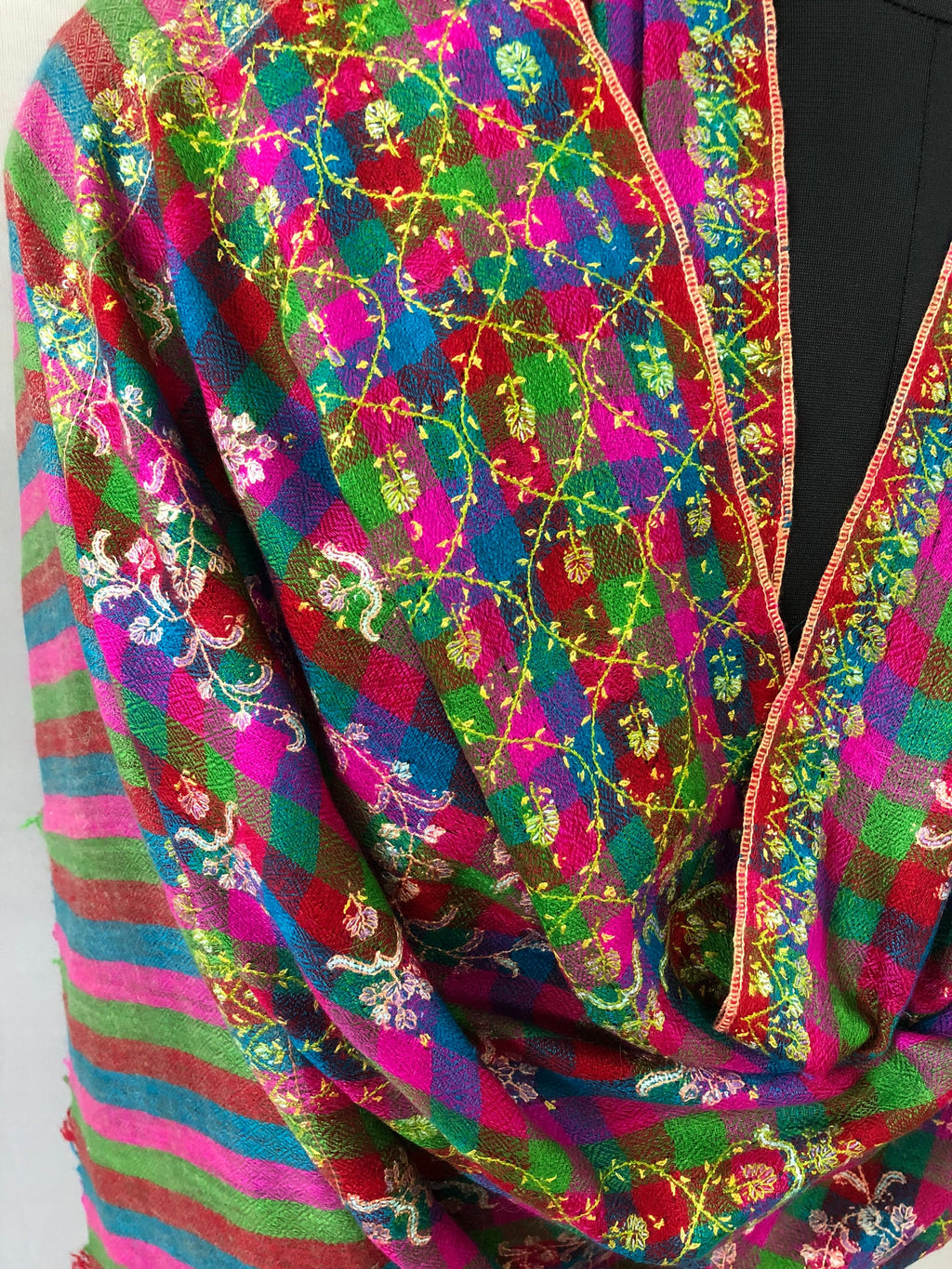 Handwoven colourful mini check modern design super micro fine hand embroidered real cashmere pashmina stole shawl - Mehraj Crafts 