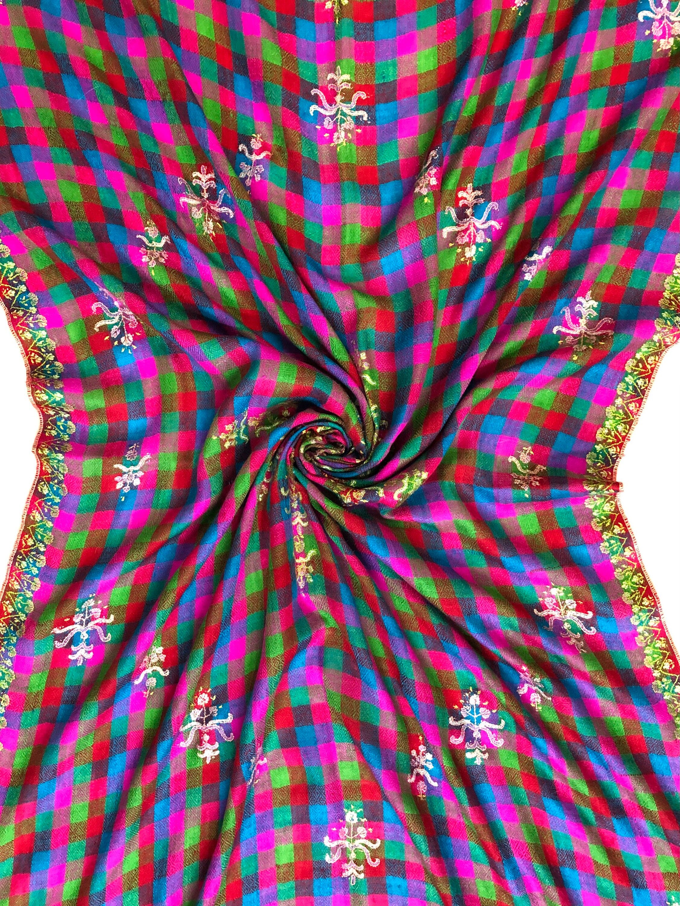 Handwoven colourful mini check modern design super micro fine hand embroidered real cashmere pashmina stole shawl - Mehraj Crafts 